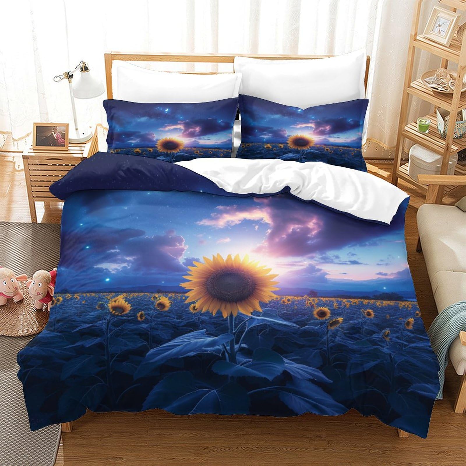 P1S9U7W5Y Sunflower Landscape 3D Printed Duvet Cover Set 3 Pieces Microfiber Sunflower Bedding Set Super king（260x220cm）