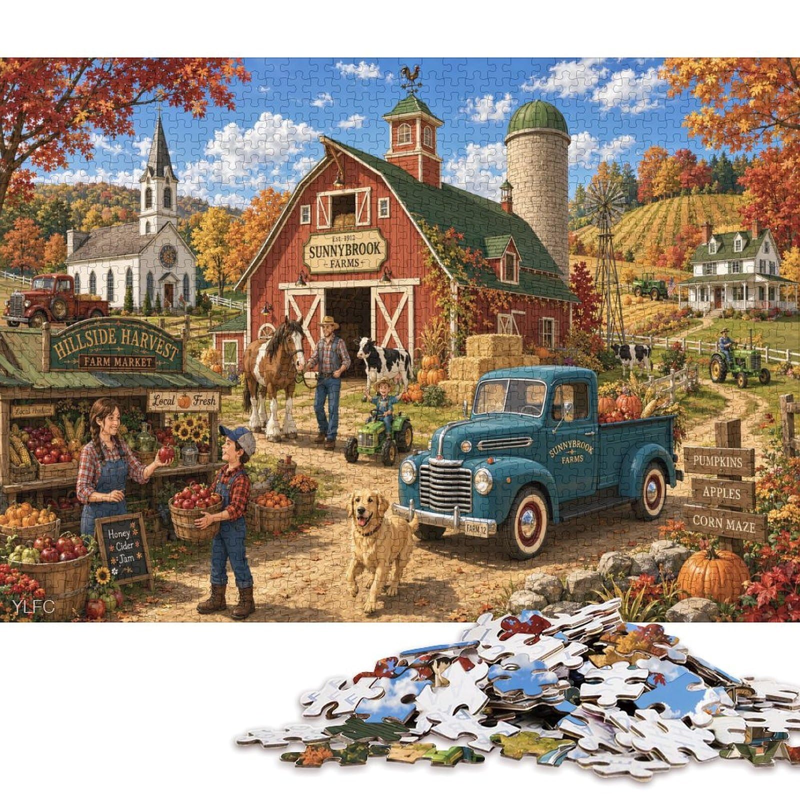 Autumn The Farm Harvest Season 1000 Piece Wooden Jigsaw Puzzle,Adults & Kids 14+,Whimsical Challenge,Stress Relief,Educational Toy,Home Wall Decor,Gift Idea,Wood (75x50cm)