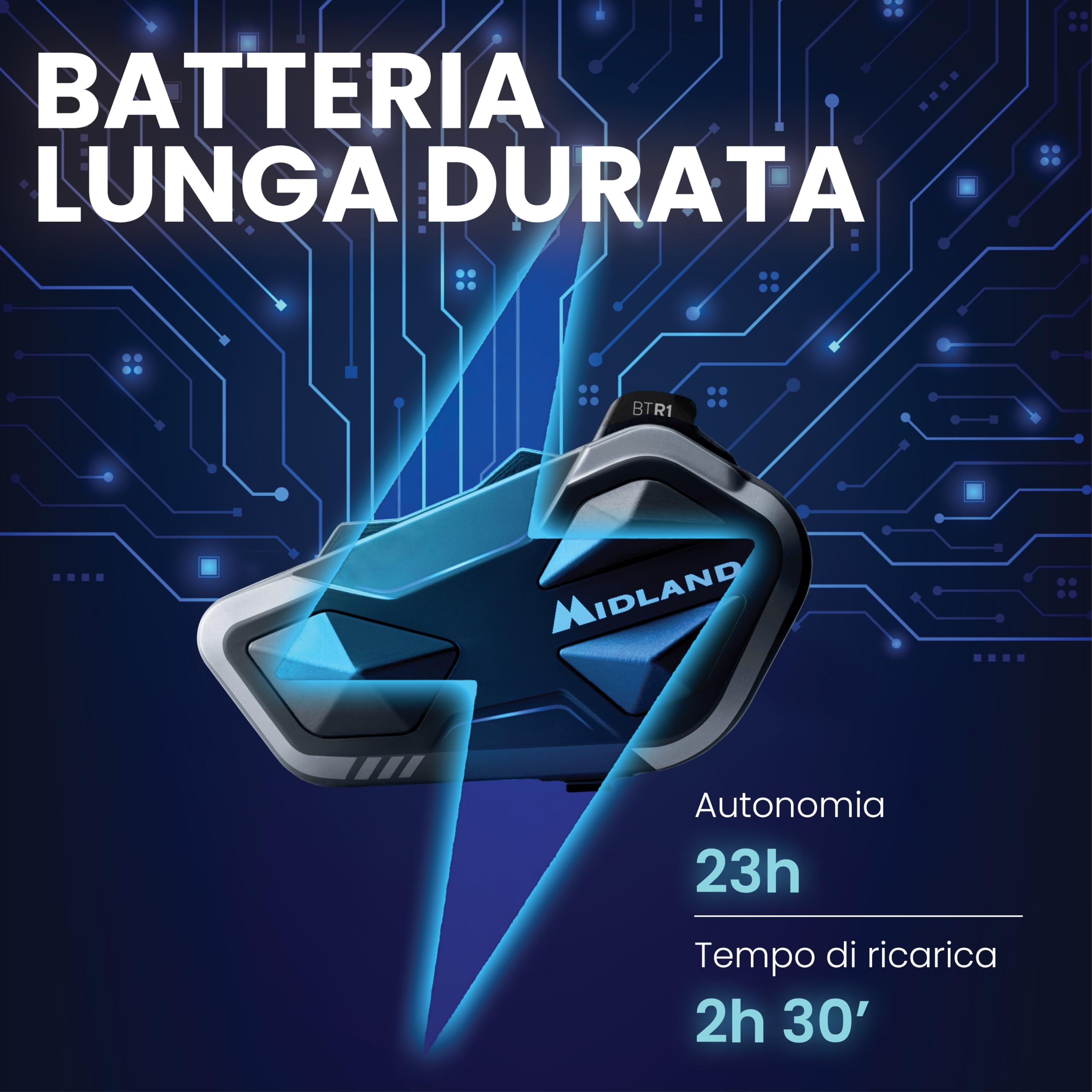 Midland - Interfono Moto Bluetooth Singolo BTR1, Auricolari Casco Moto Impermeabili IPX6, Portata 800m, 4 Persone Conference, Batteria 23H, Parallel Audio, Connessione GPS/Musica, Conforme ECE 22.06