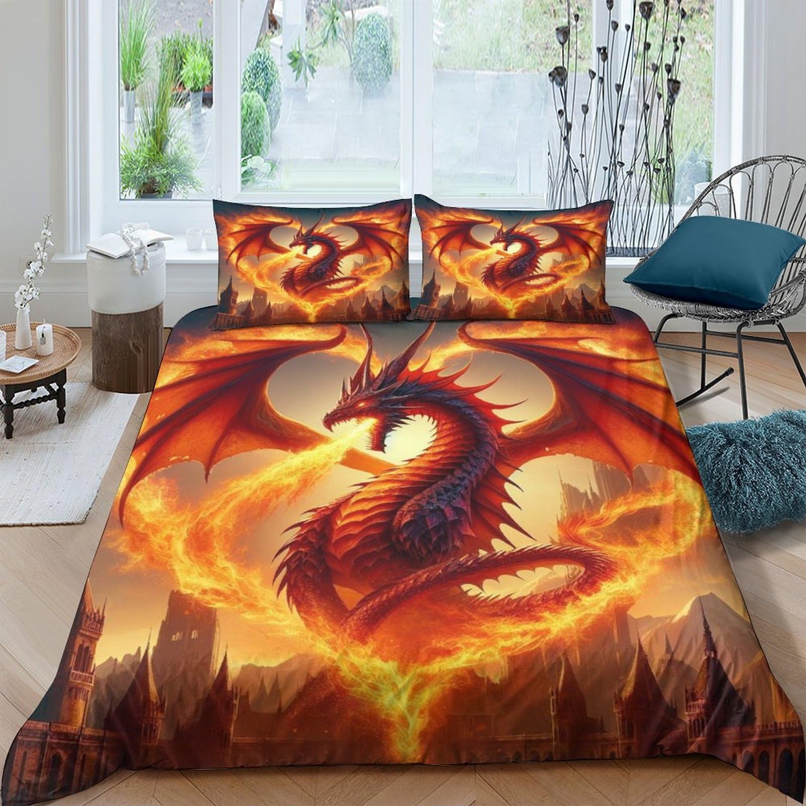 Tnfhsoft Flying Dragon-10 Flying Dragon 3D Flame Dragon Duvet Cover Bedding Quilt Cover Microfiber Comforter Cover Set With Zipper Closure For Kids Youth 3 Piece Set Winter Soft And Comfortable Room Decordouble（200X200cm）