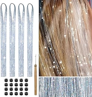 مجموعة وصلات شعر مصنوعة من خيوط رفيعة لامعة للشعر، مجموعة وصلات شعر فيري هير (لون فضي)، 800 خصلة بطول 1.20 م