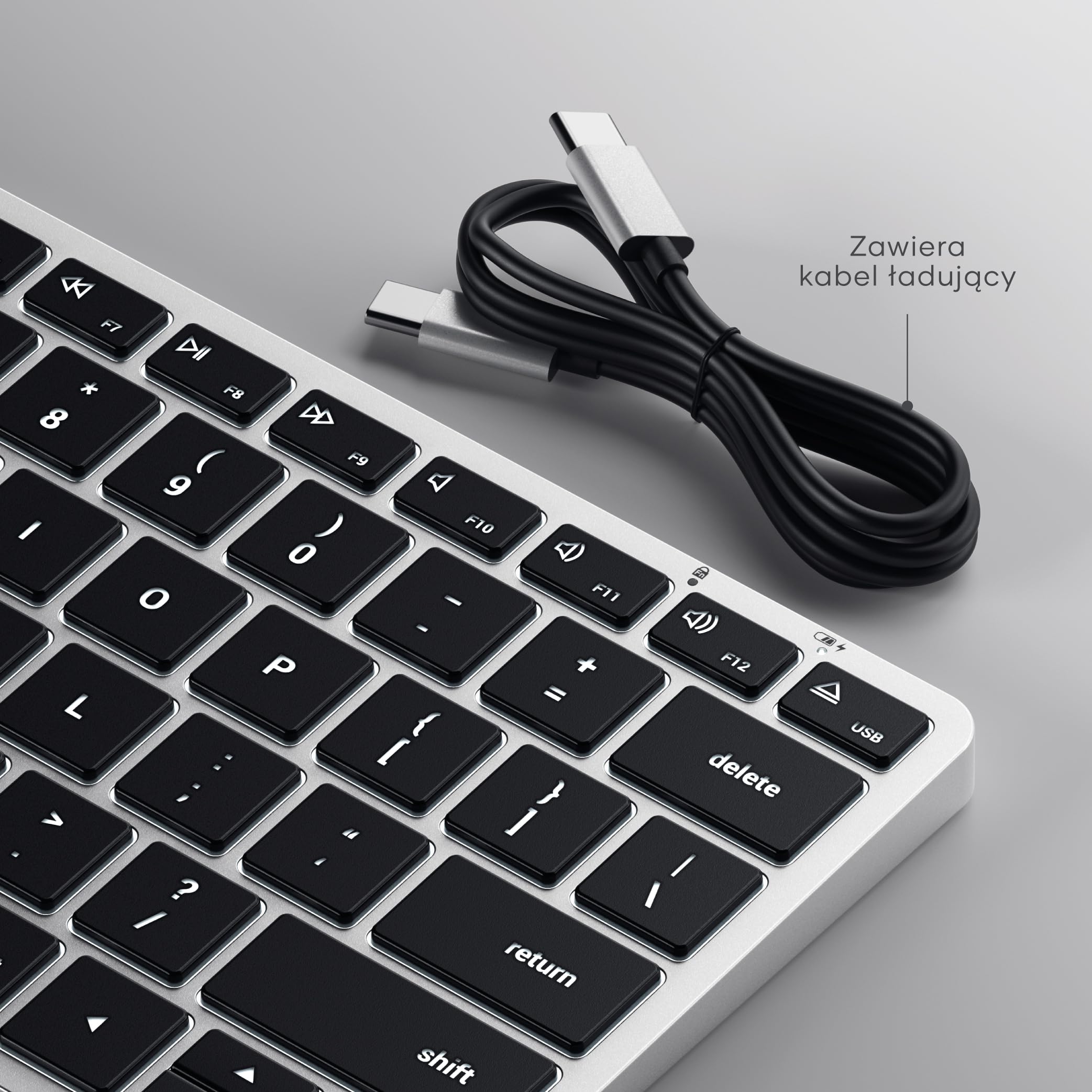 SATECHI klawiatura Bluetooth Slim X1, amerykański układ QWERTY, srebrna | Obsługa wielu urządzeń, aluminiowa obudowa, podświetlane klawisze i ładowanie przez USB-C
