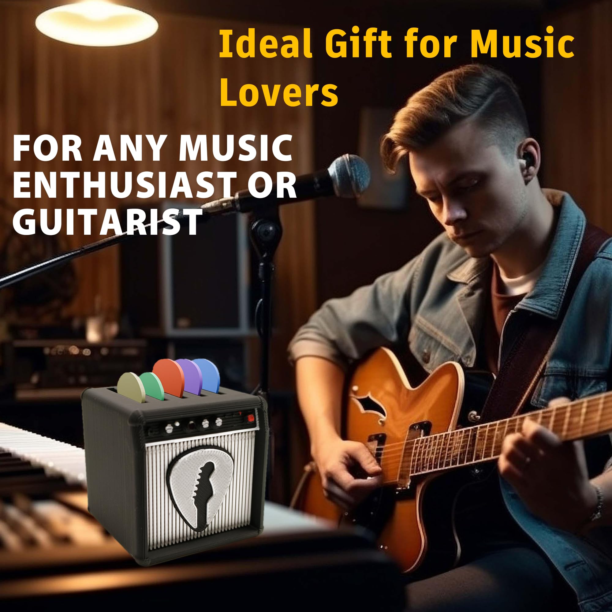 Soporte único para púas de guitarra, modelo de amplificador de guitarra, organizador de púas y vitrina, regalo para entusiastas de la música y guitarristas (plateado)