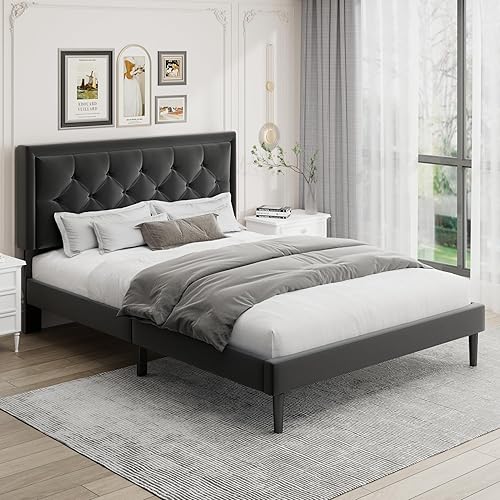 Sismplly Base de cama tamaño matrimonial con cabecera capitonada de terciopelo con botones, moderna cama tapizada con plataforma tapizada, base de