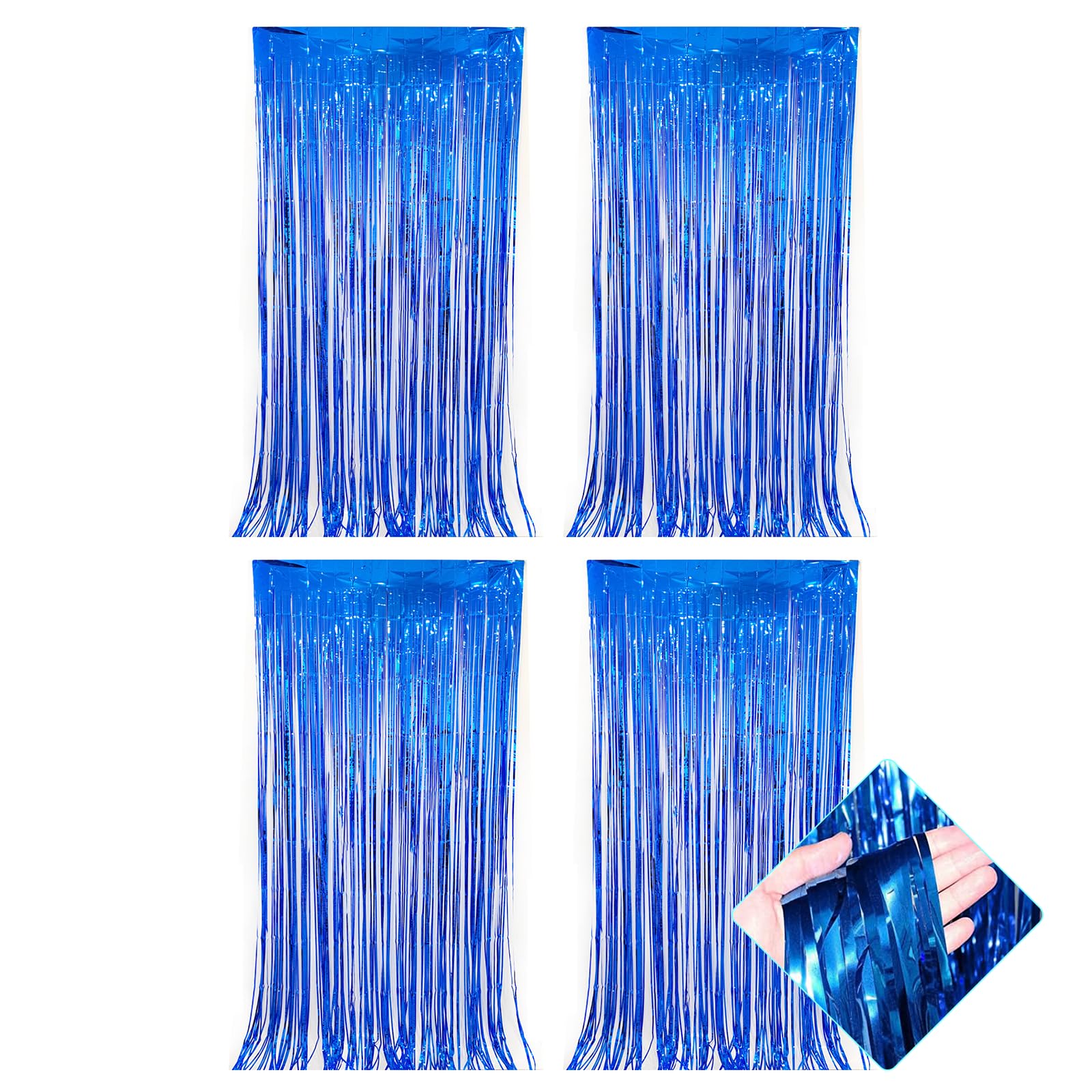 Anmahe 4 Pcs Blue Tinsel Curtain, 3.2 x 6.5ft Glitter Blue Foil Fringe Curtain, Party Streamers for Birthday Wedding Party Decorations Photo Backdrop