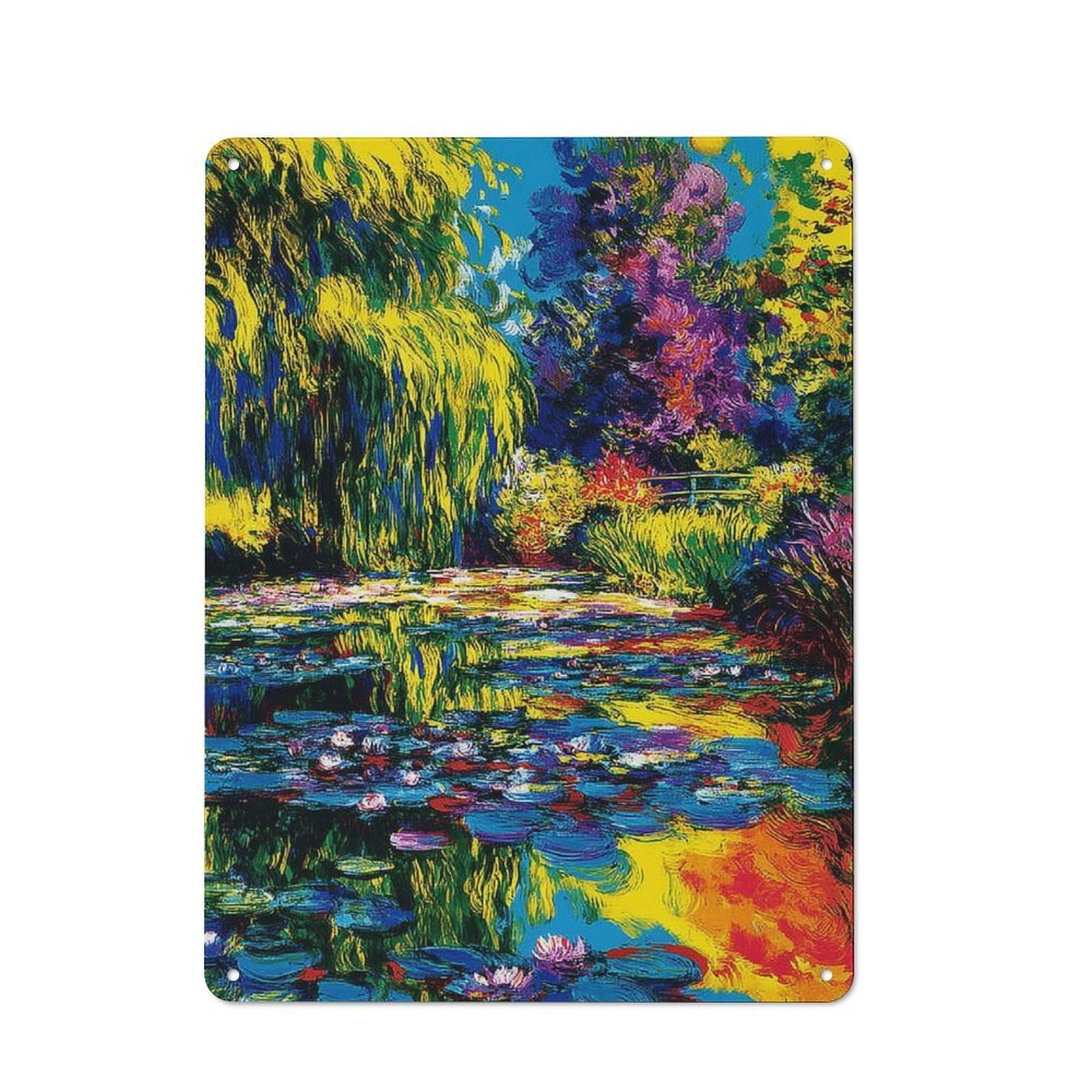 Junmoney Water Lily Pond Monet's Garden Reflections Country Metal Sign With Design 40X30cm, Farmhouse Farmhouse Wall Decor For Kitchen, Cottage, Porch Or Garden Room
