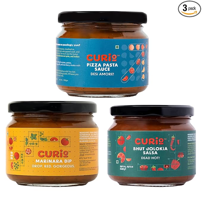 Curio combo of Bhut Jolokia Salsa (330gm), Pizza Pasta Sauce (330G) & Marinara Dip(330gm) Pack of 3 | Made with Natural Ingredient & No Artificial Flavour Use| Reusable Glass Packaging