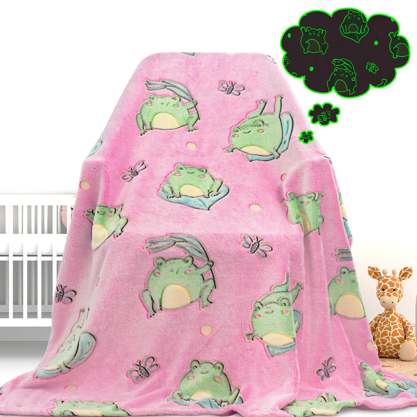 Gdindff Cute Frog Blanket Glow in The Dark Blanket for Kids Frog Gifts for Women Soft Fleece Blanket Pink Frog Stuff Birthday Gifts