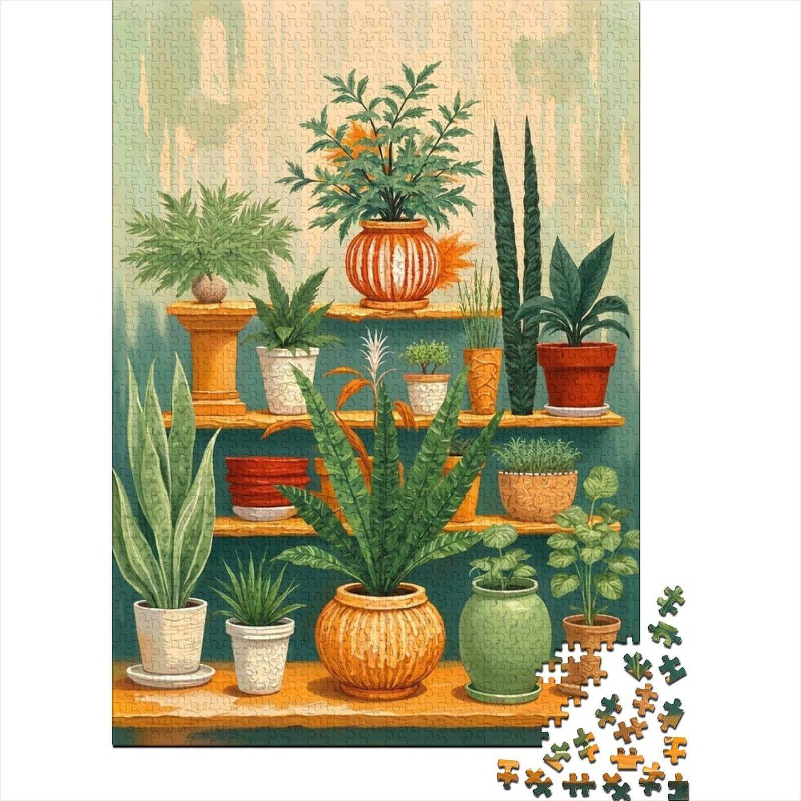 Green Potted Plants 1000 Piece Jigsaw Puzzle Cardboard for Adults Indoor Decor Style Living Room Wall Art Decor Leisure Hobby Stress Relief
