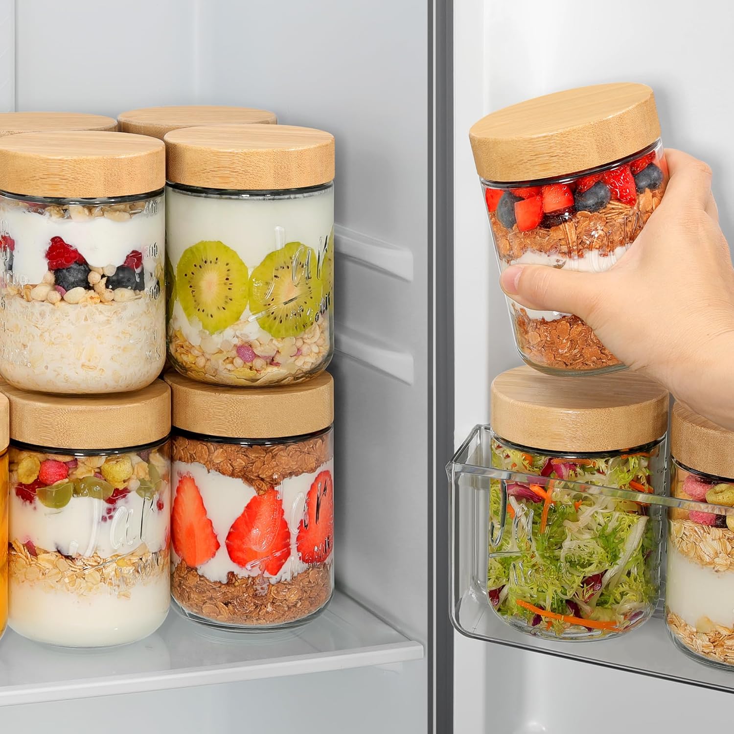 Glass Overnight Oats Containers with Lids (6-Pack), 16 oz Mason Jars with Bamboo Lids for Meal Prep, Chia Seed Pudding, Yogurt & Oatmeal - Airtight Food Storage Jars for Breakfast On-the-Go - Image 6