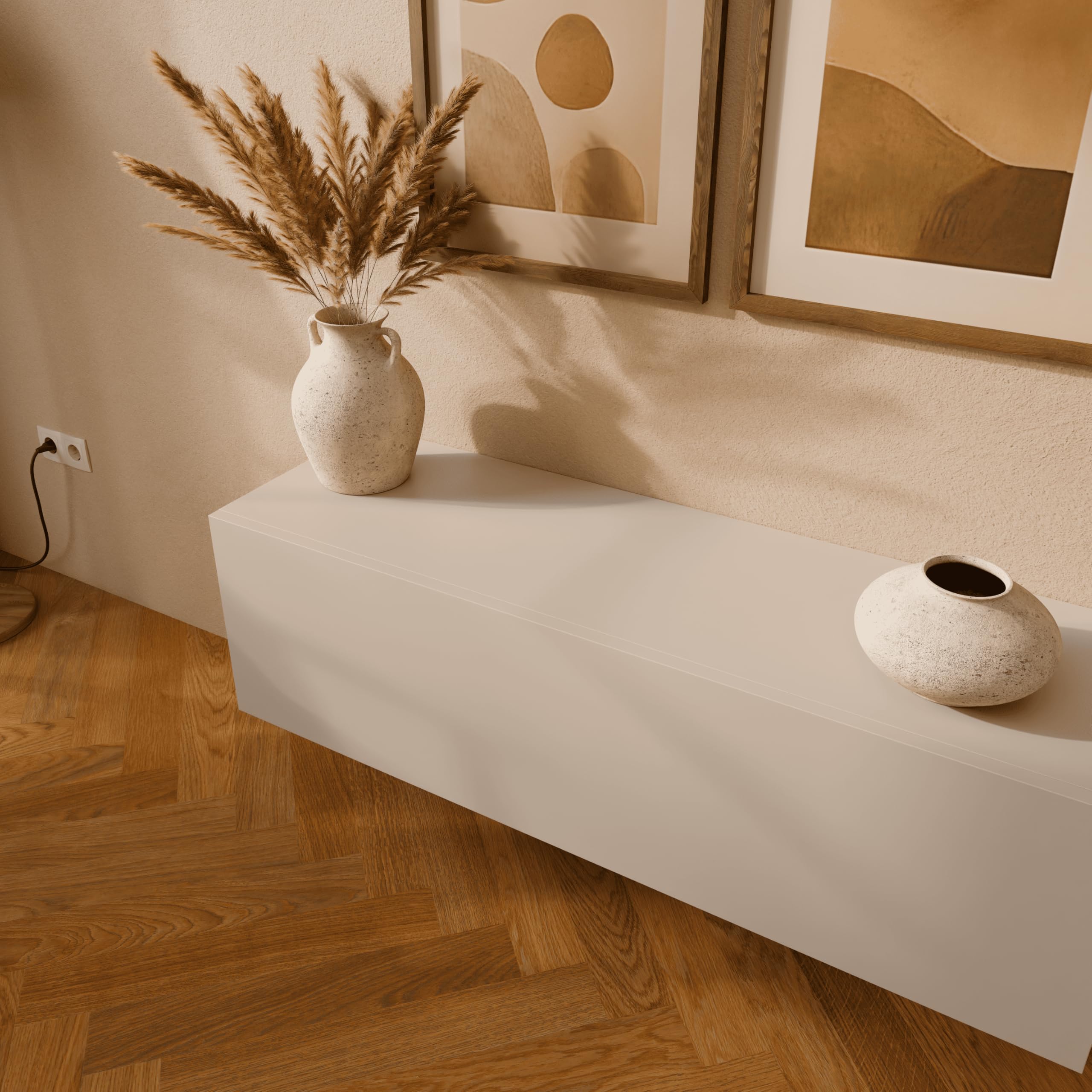 PLATAN ROOM Meuble TV 105/140/160/210/280 Blanc à suspendre ou debout brillant (champagne, 105 x 30 x 32)