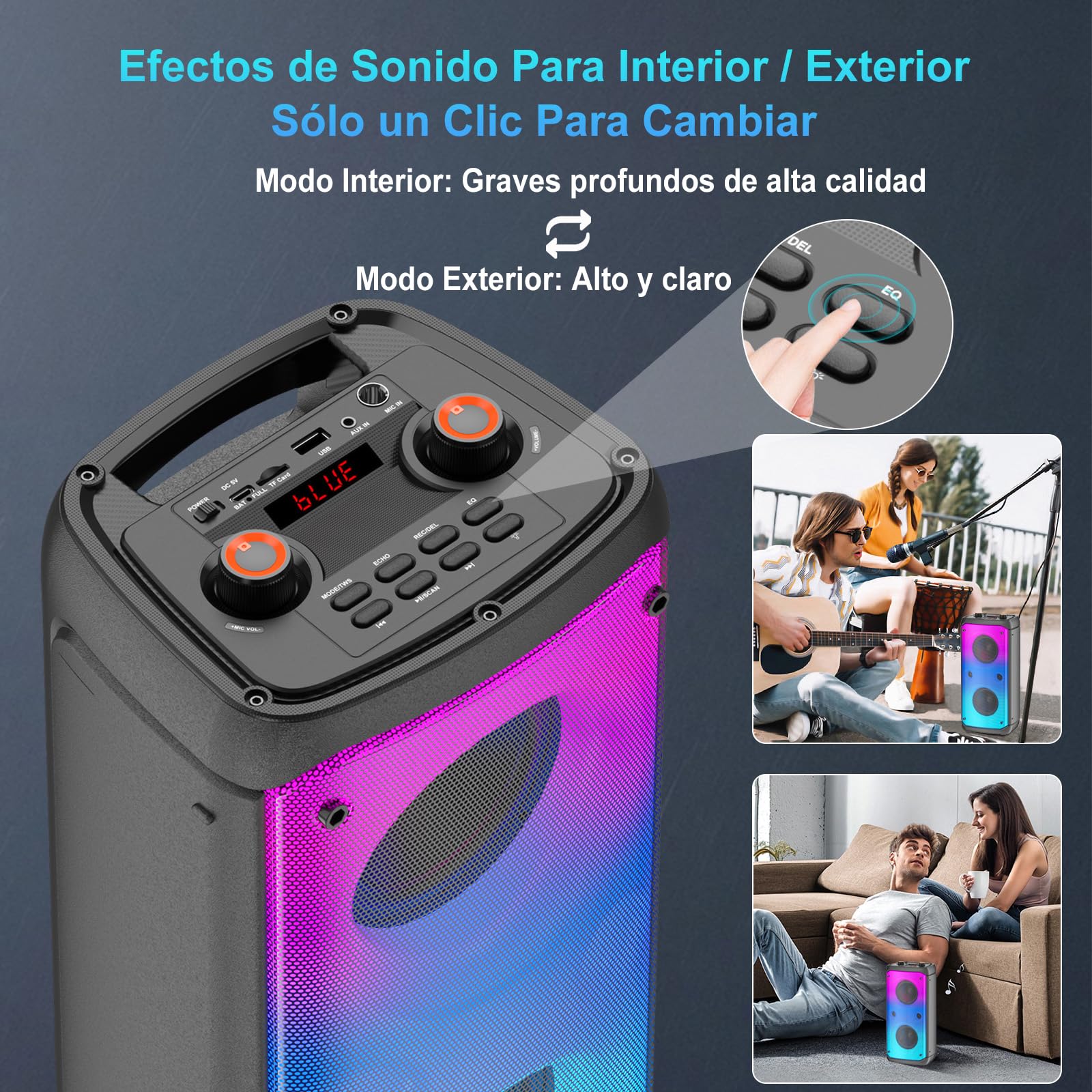 Altavoz Bluetooth, altavoces para exteriores con potencia máxima de 80 W, Bluetooth inalámbrico, altavoces portátiles TWS para fiestas con subwoofer, graves profundos, luces LED de colores (Negro) - 5