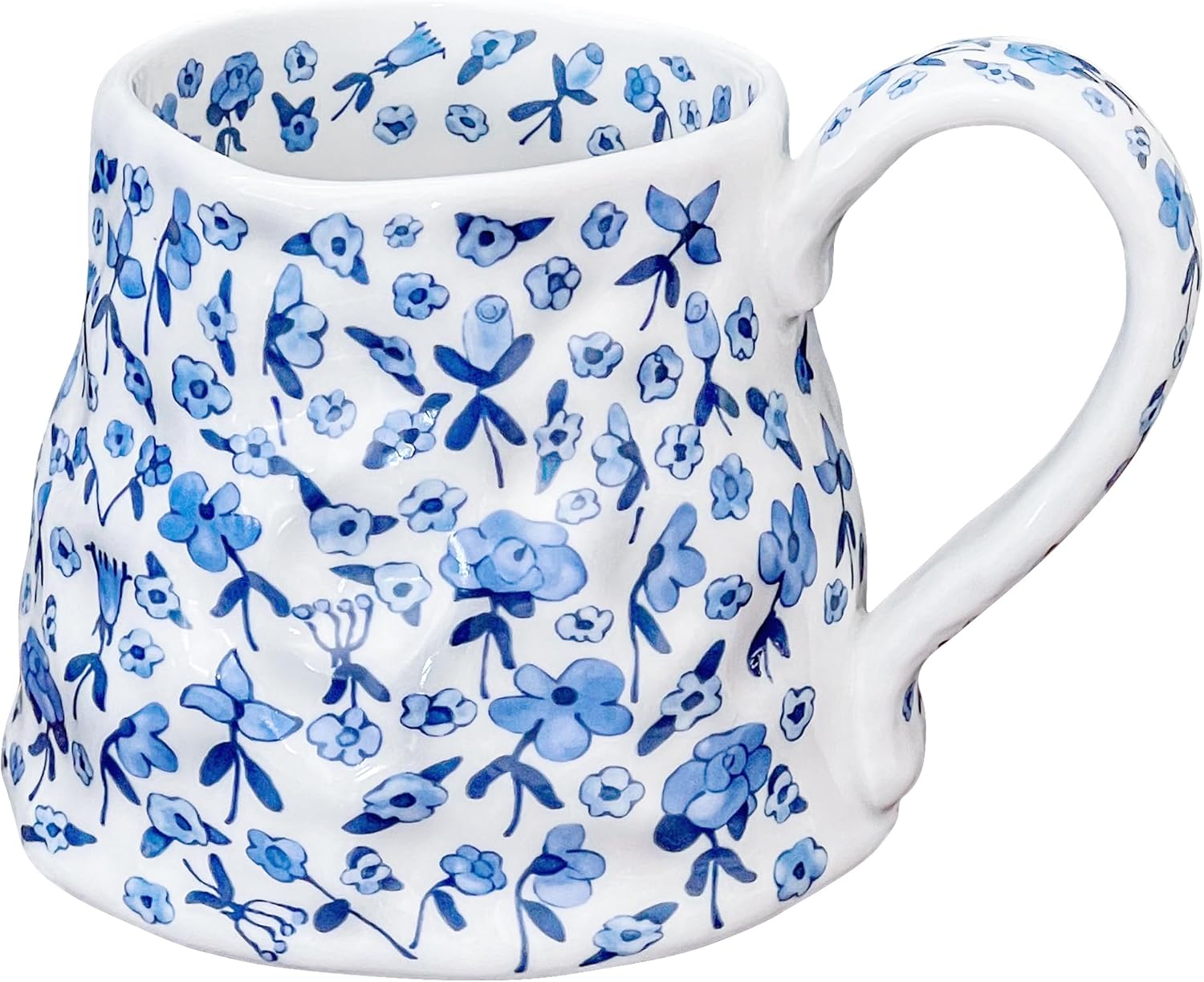Movlen Large Ceramic Coffee Mug Cute Flower with Handmade Big Handle, 20oz Girly Blue Floral Tea Cup for Women Valentine Gift, Novelty Irregular Oversized Christmas Mugs for Latte Tea Milk Cocoa