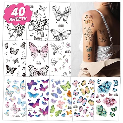 Más de 150 estilos de tatuajes con purpurina para decoraciones de cumpleaños de mariposas, tatuajes de mariposa para adultos, temporales realistas,