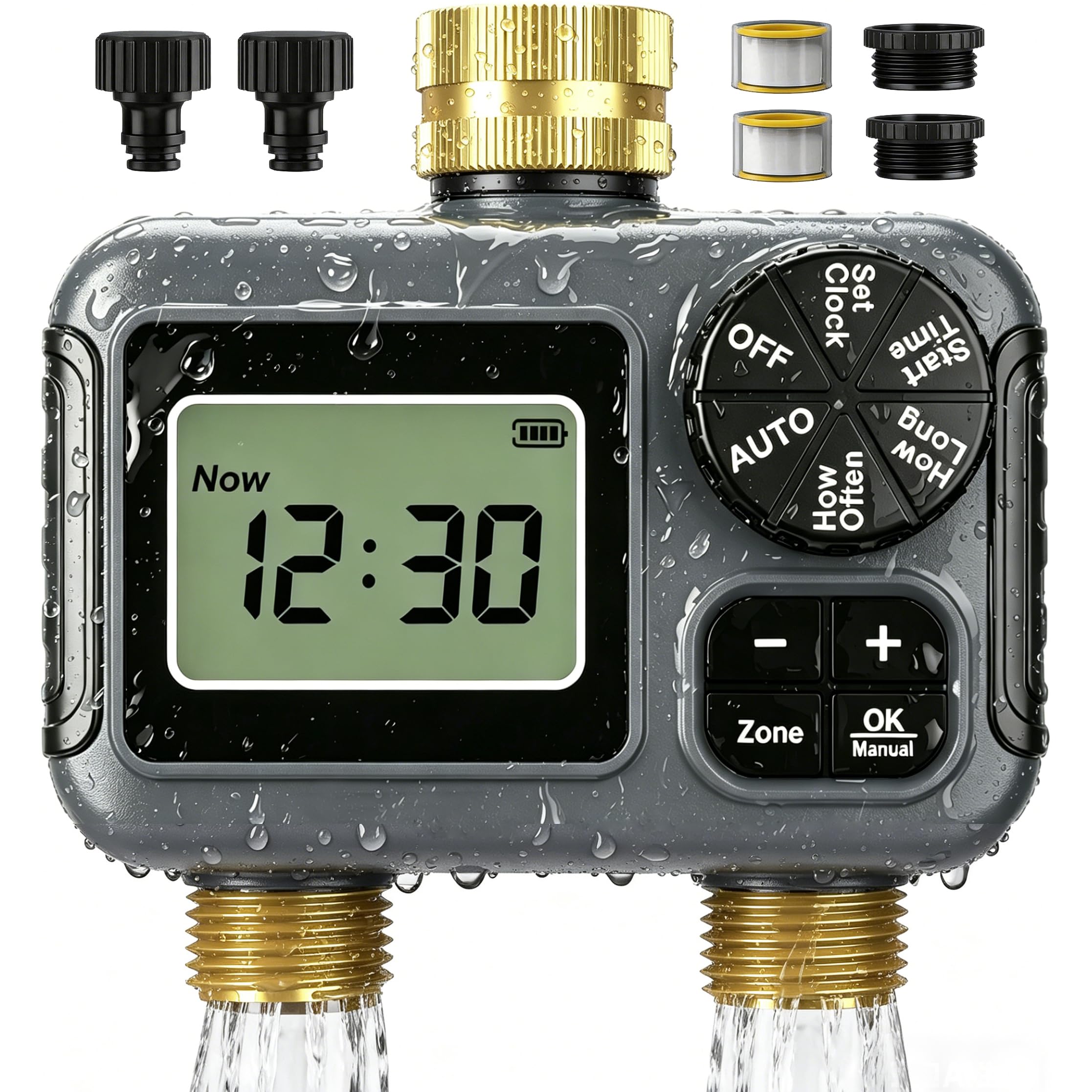 Programmateur Arrosage 2 Voies IPX5 Étanche Minuteur Arrosage Automatique avec Entrée et Sortie en Laiton, Retard de Pluie, Arrosage Automatique et Manuel, Minuterie d'irrigation pour Jardin Pelouse