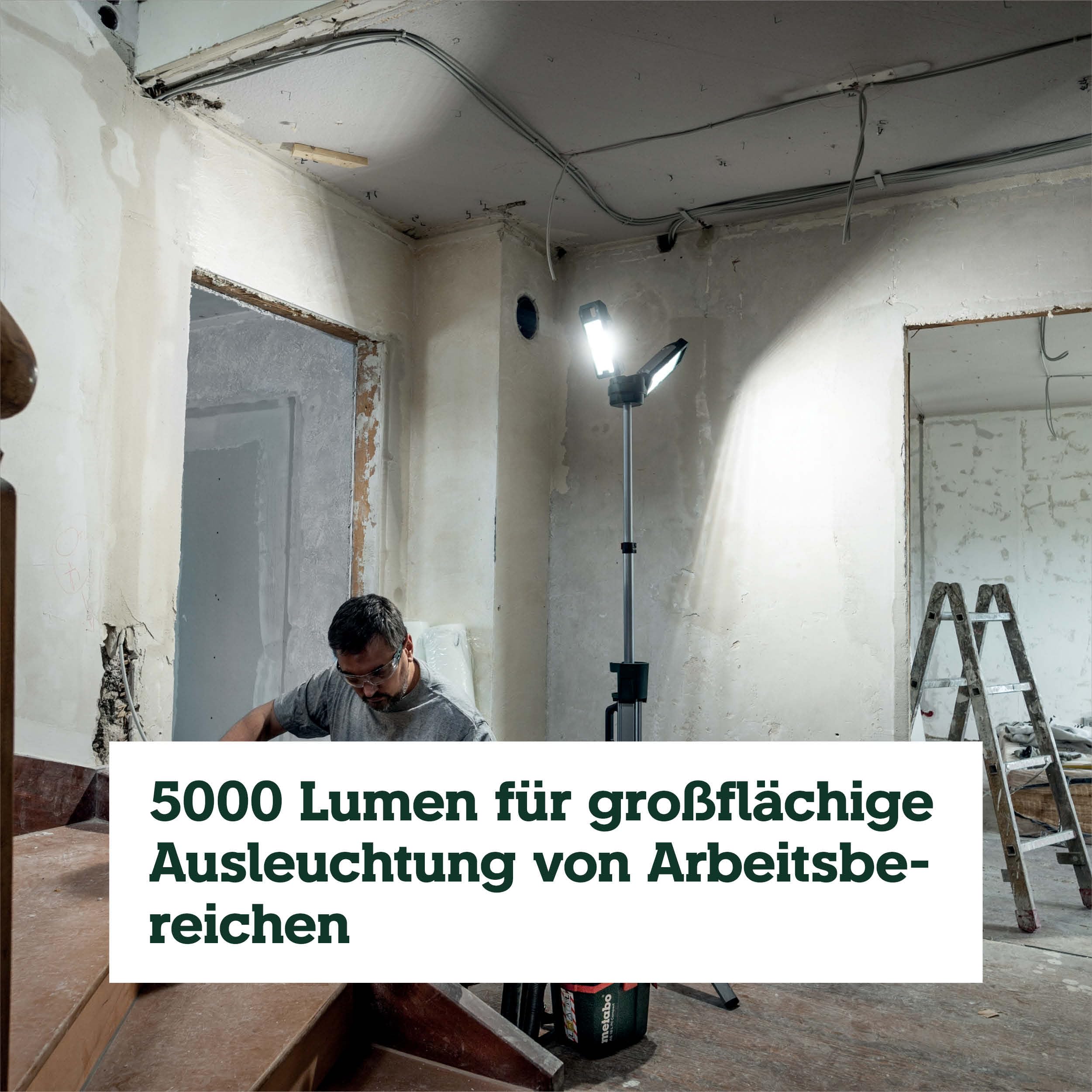 metabo Akku-Baustrahler BSA 18 LED 5000 DUO-S - 18V, 5000 Lumen - Leistungsstarke LED-Arbeitsleuchte für Baustelle Werkstatt Innen Außen, robustes Gehäuse, flexibel einsetzbar - Ohne Akku & Ladegerät