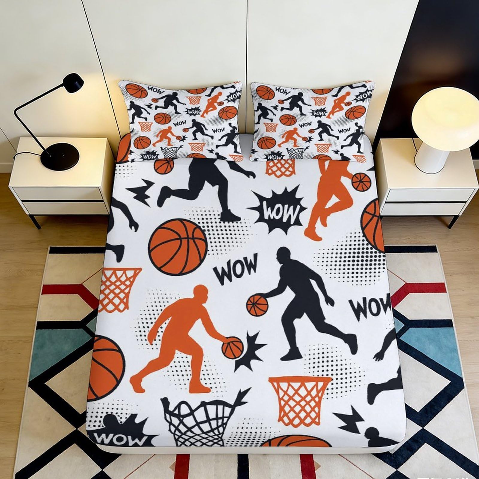 3D Printed Basketball Slam Dunk Fitted Sheet Microfiber Orange Black Mattress Cover for Bedroom Dorm Room Decor 90x200x25cm