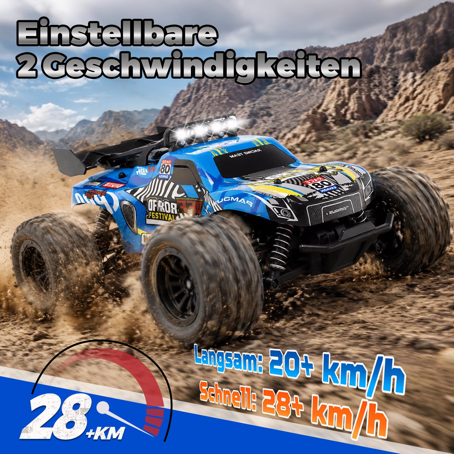 28km/h Ferngesteuertes Auto ab 5 6 jahre, 1:18 Monstertruck Ferngesteuert | RC Auto mit Licht, Ferngesteuertes Auto mit Zwei Karosserie, 2Akku 60 Minuten, 2,4GHz RC Buggy Rennauto ab 5 6 7 8 Jahre