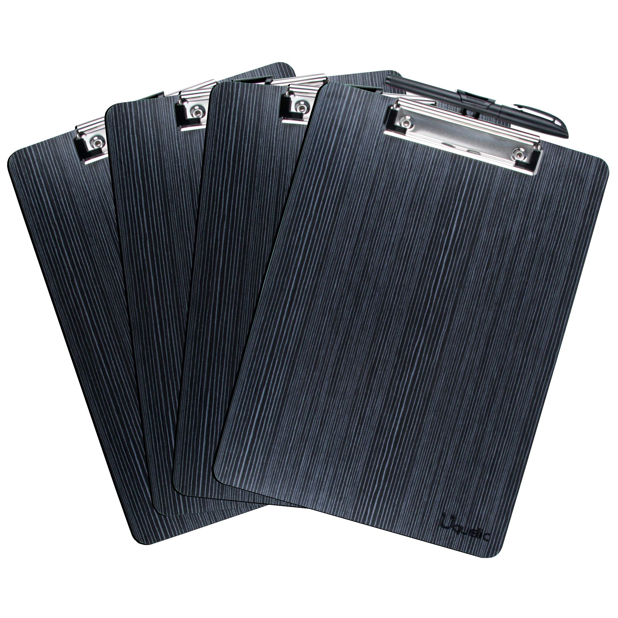 Uquelic Portablocco A4 in Legno - Set di 4 Tavolette per Appunti con Clip, Angoli Arrotondati e Foro per Appendere (Nero)