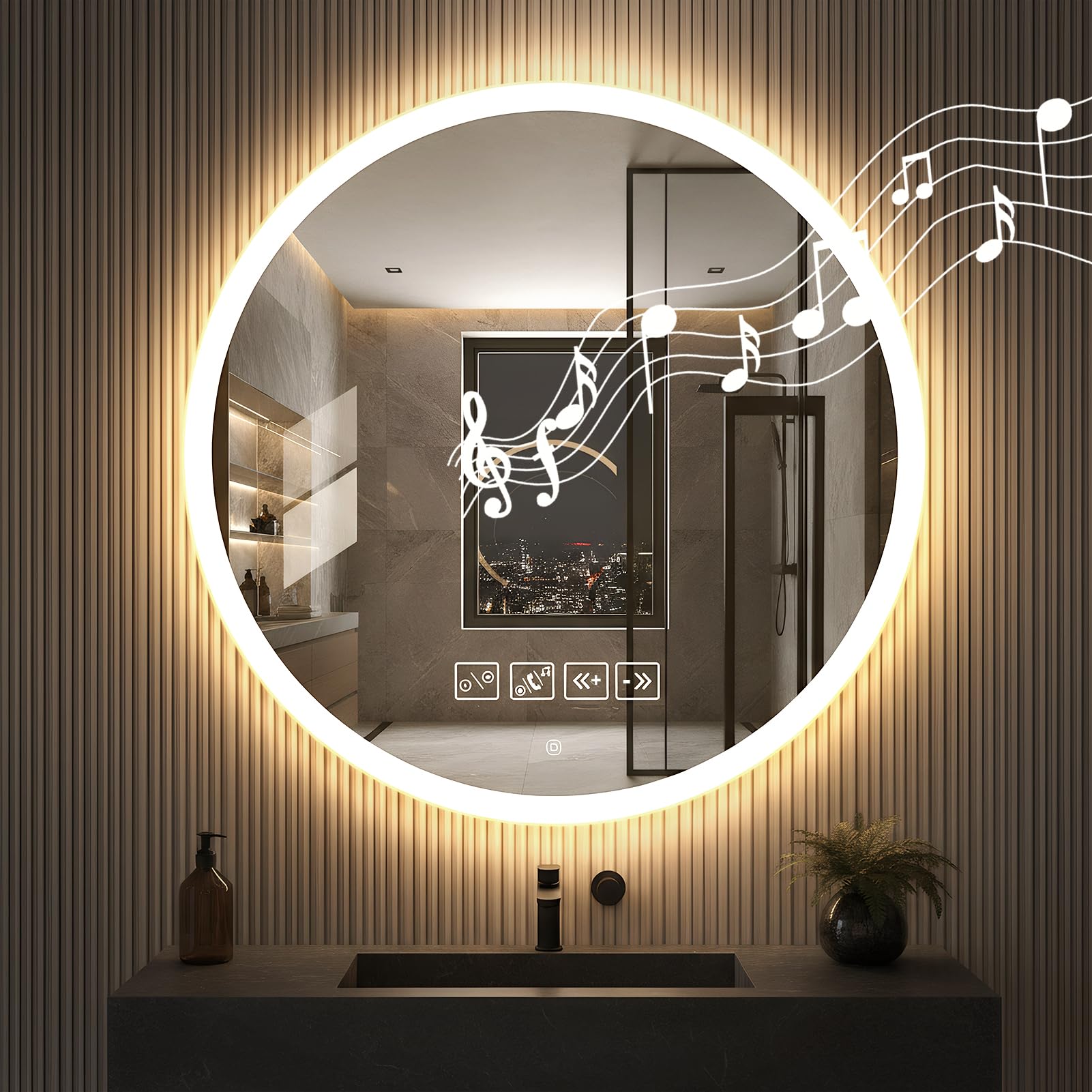 Worshow Bathroom Mirror with LED Lights & Bluetooth, 600×600 mm Wall-Mounted Vanity Mirrors, LED Illuminated Backlit Mirror with Anti-Fog, 3 Colour Dimmable, Time, Memory Function, IP44 Makeup-Mirror
