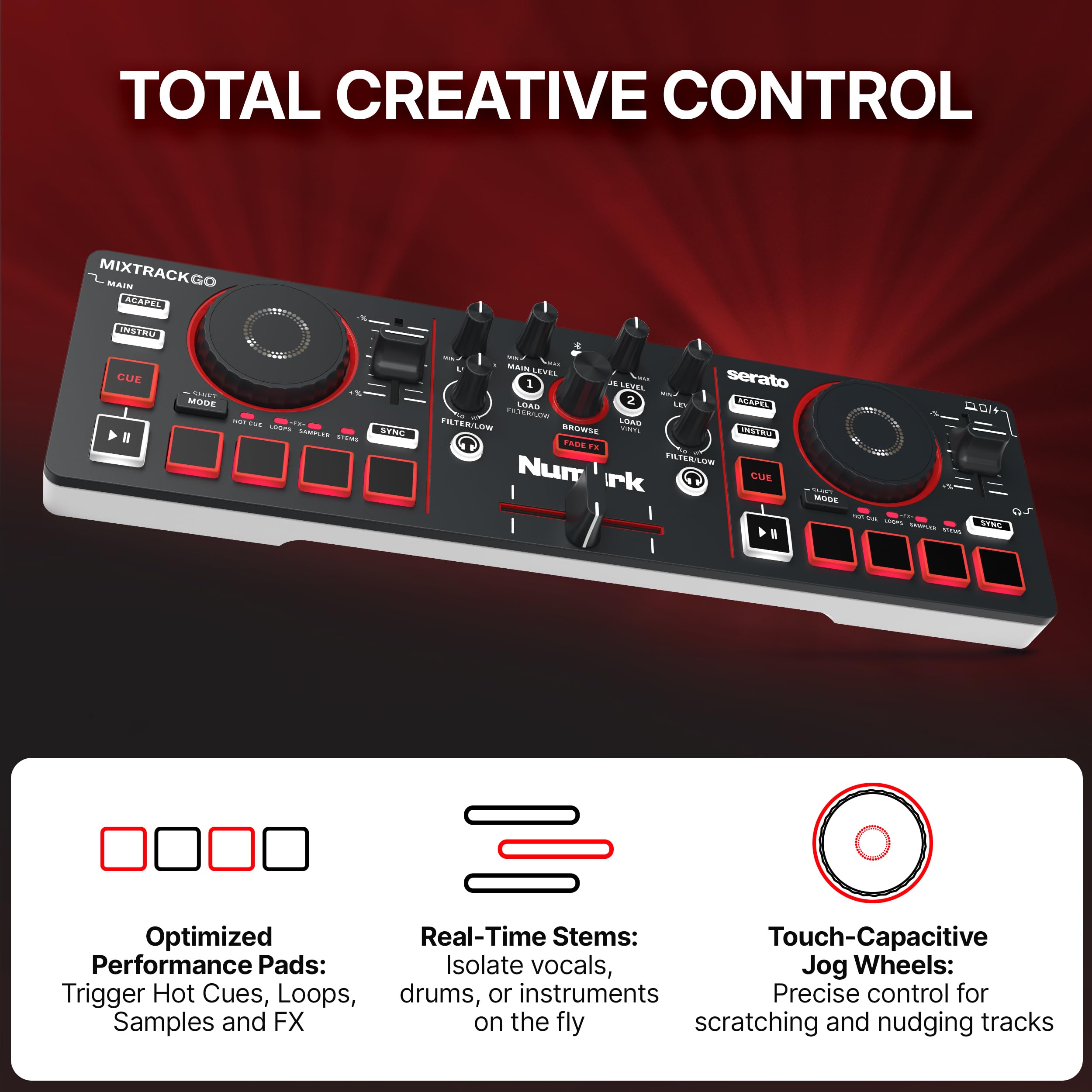 Numark MixTrack Go Kompaktowy Kontroler DJ Bluetooth z Funkcją Stems | 2-Deck Mikser DJ dla Początkujących i Mobilnych, Smart Fader, Beat Assist, USB-C, Serato DJ Lite & Algoriddim djay, Gen 4