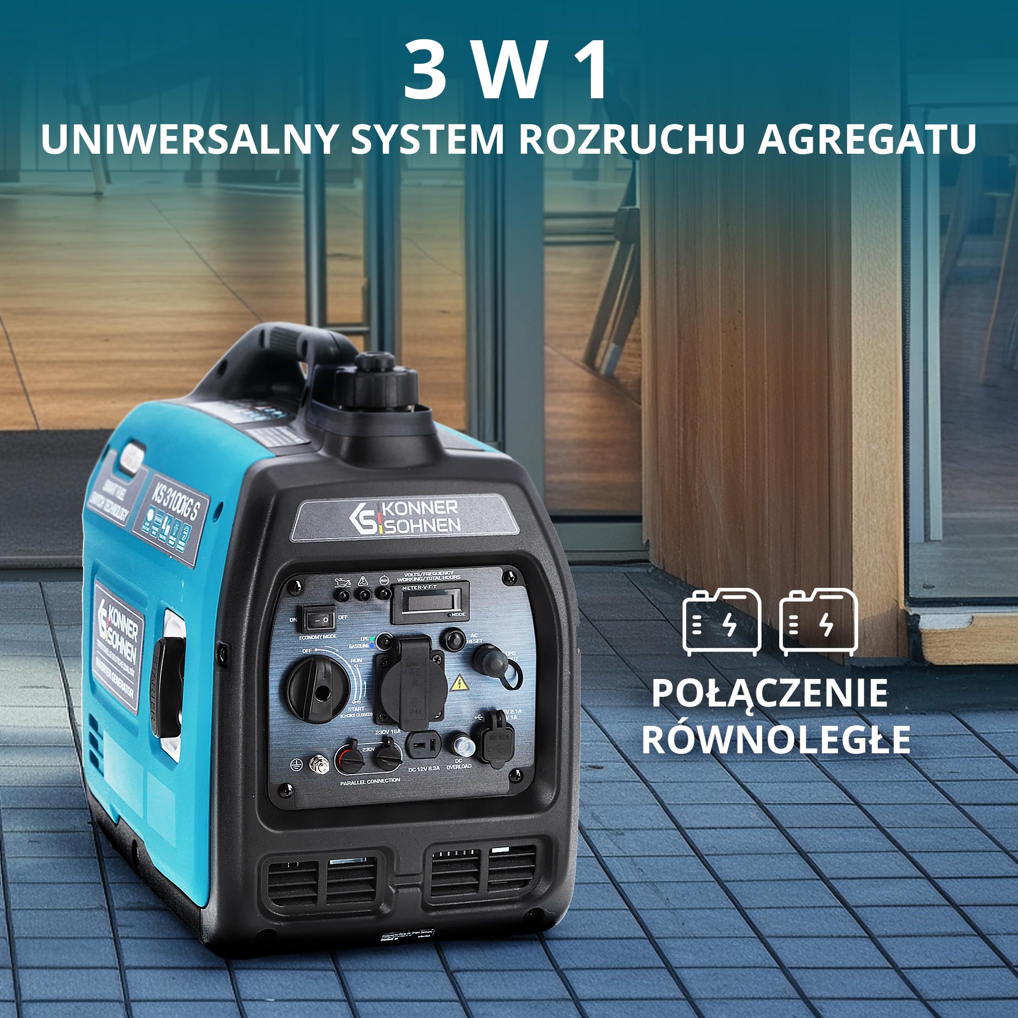Generator inwertorowy gazowo-benzynowy KS 3100iG S Könner & Söhnen agregat prądotwórczy 3100W, Schuko 230 В, 2 porty USB, Wyświetlacz LED, tryb ECO, uzwojenia miedziane, generator prądu.