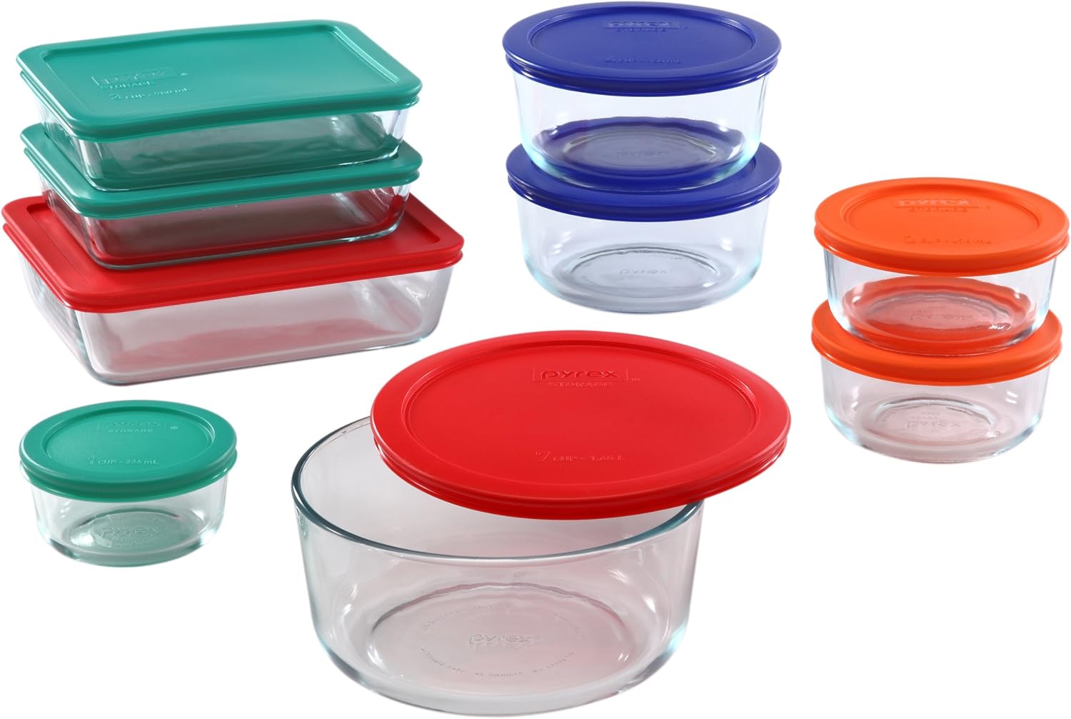 Pyrex Pyrex 1110608 781147970080 18piece glass food storage set with multicolor lids clear, 1.9 Pound - Image 1 of 5