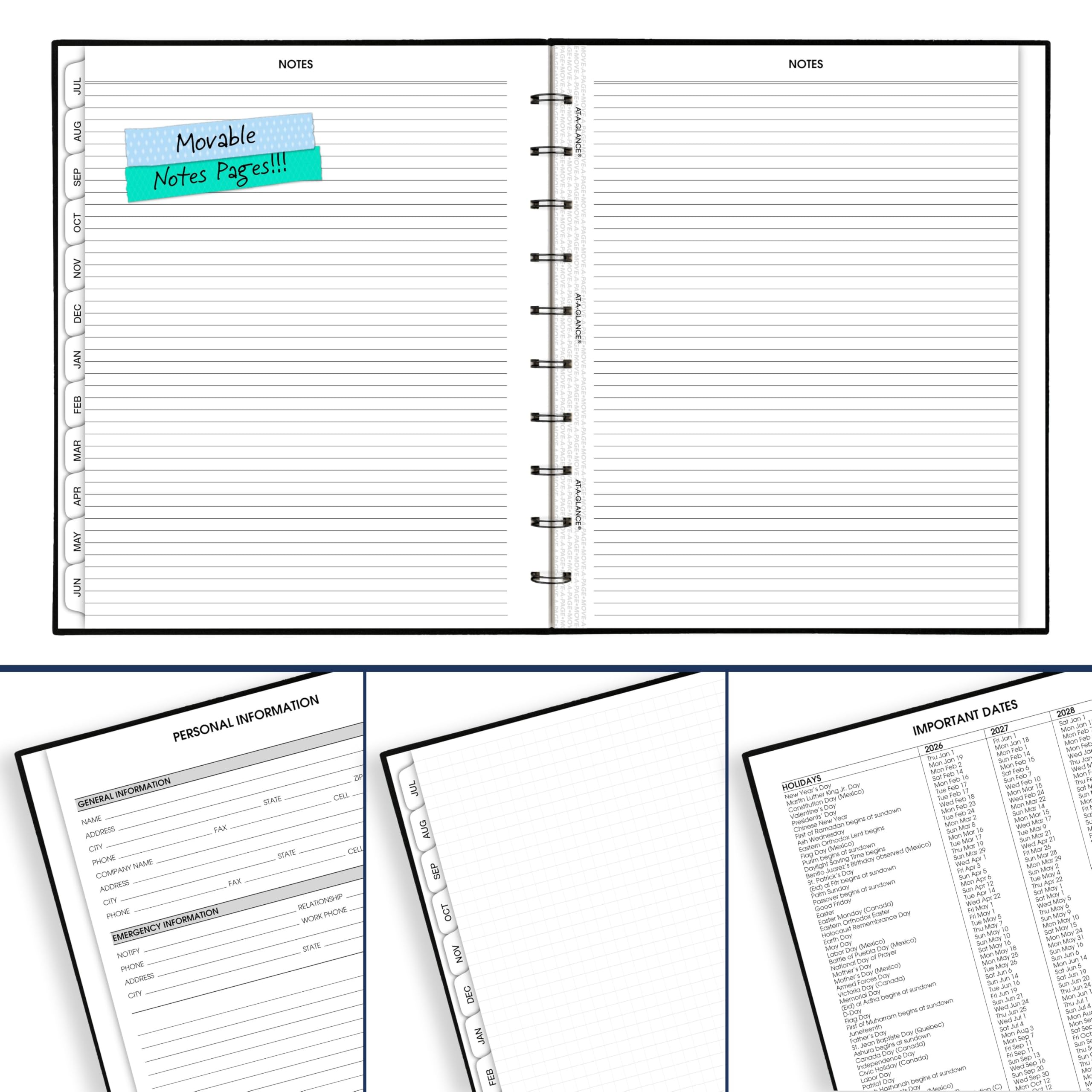 AT-A-GLANCE Agenda 2026-2027 settimanale e mensile accademico 12 mesi luglio-giugno trimestre orario, 22,9 x 27,9 cm, Move-A-Page, nero (70957E05)