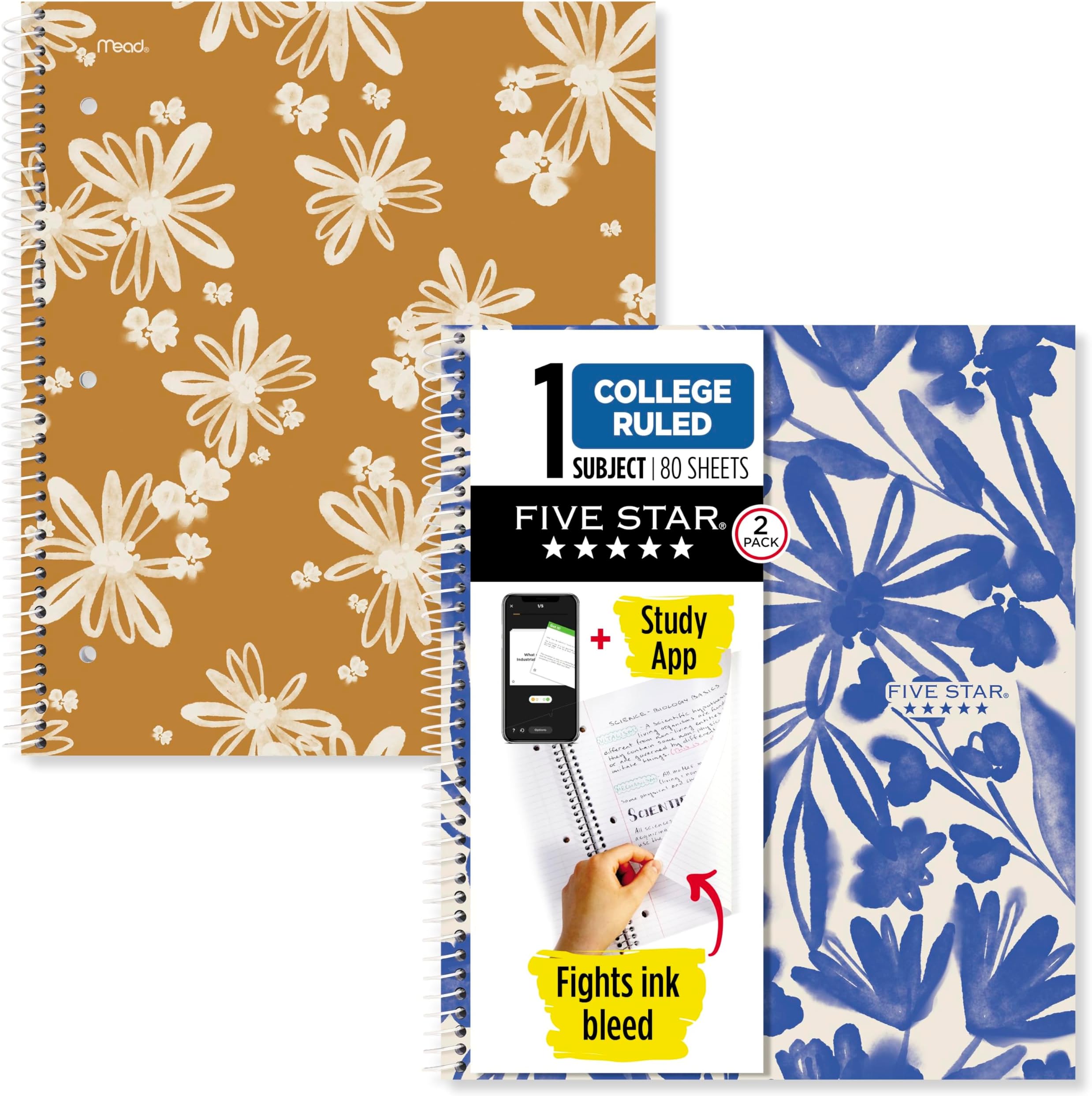 Five Star 2pk 1-Subject Notebooks College Ruled +Study App