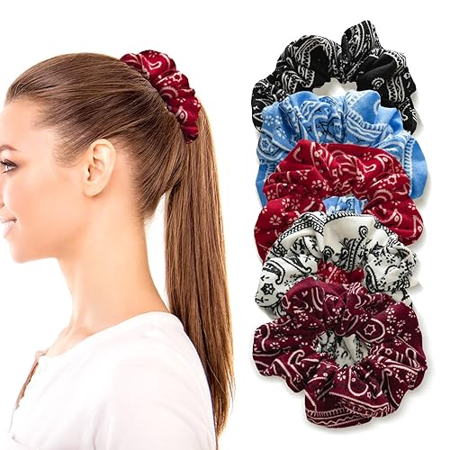 Miniatura 2 de Paquete de 5 bandas elásticas para el cabello para mujeres, lazos para el cabello con flores, bandana de algodón, bandas elásticas para el cabello