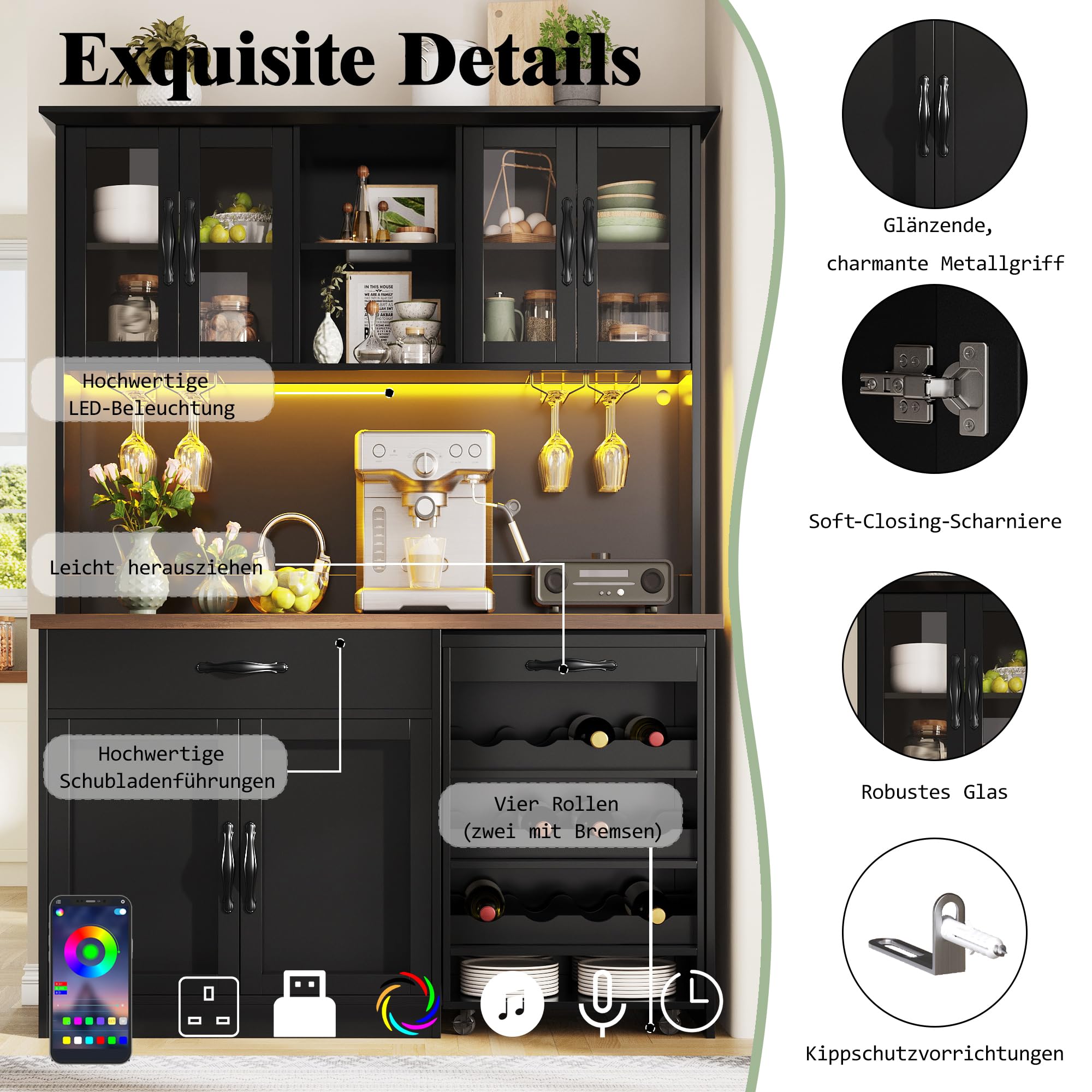 DHHU Meuble de Cuisine avec éclairage LED, Buffet Haut avec Chariot Amovible, 4 Portes en Verre avec Plan de Travail, Rangement Vin, 2 Tiroirs, Armoire de Rangement Haute pour Cuisine (Noir-4S)