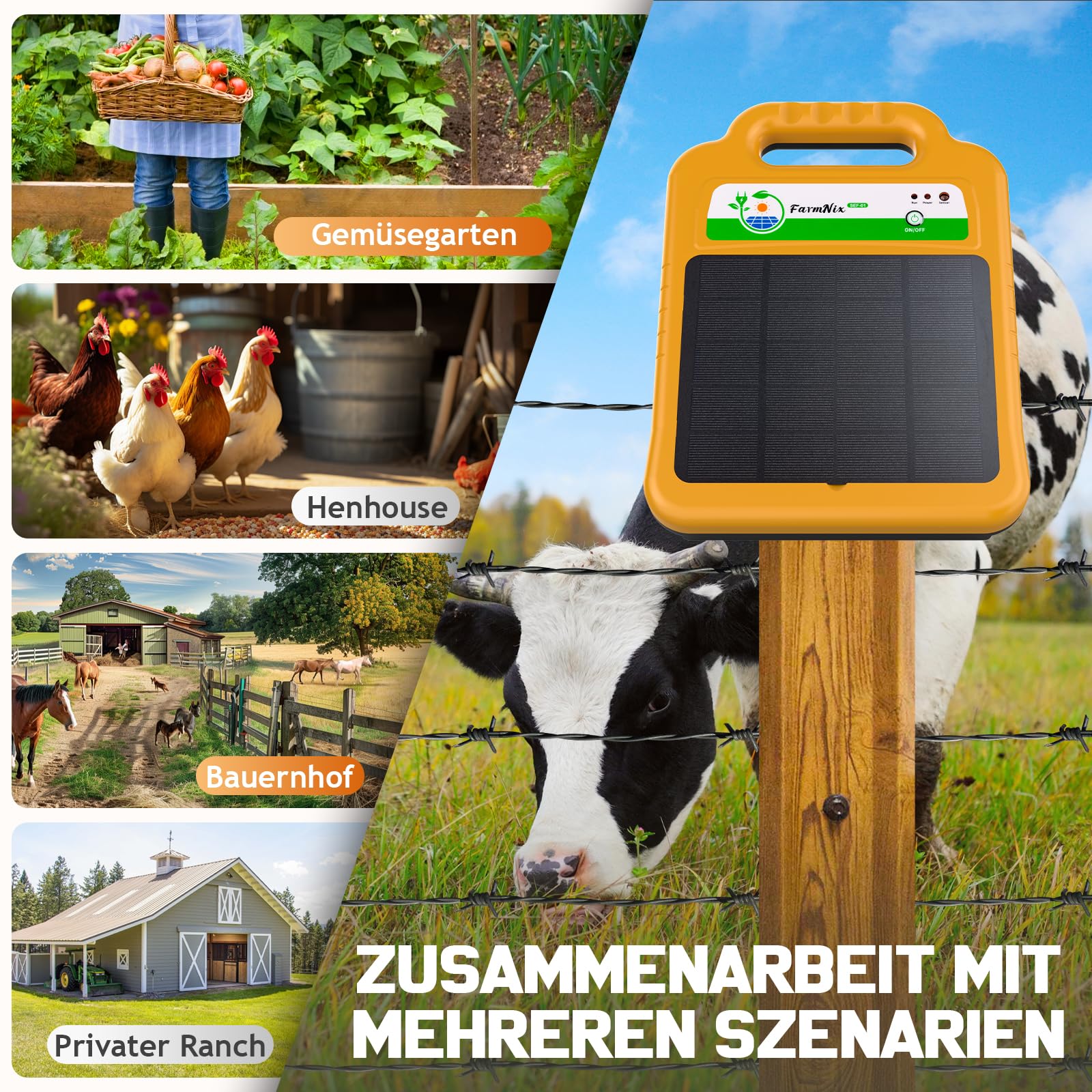 Solar Weidezaungerät für 16 KM Reichweite, 0,2J/8KV Elektrischer Zaunladegerät, Wasserdicht Elektrozaungerät für Schutz von Nutztieren, Haustieren, Geflügel (Orange)