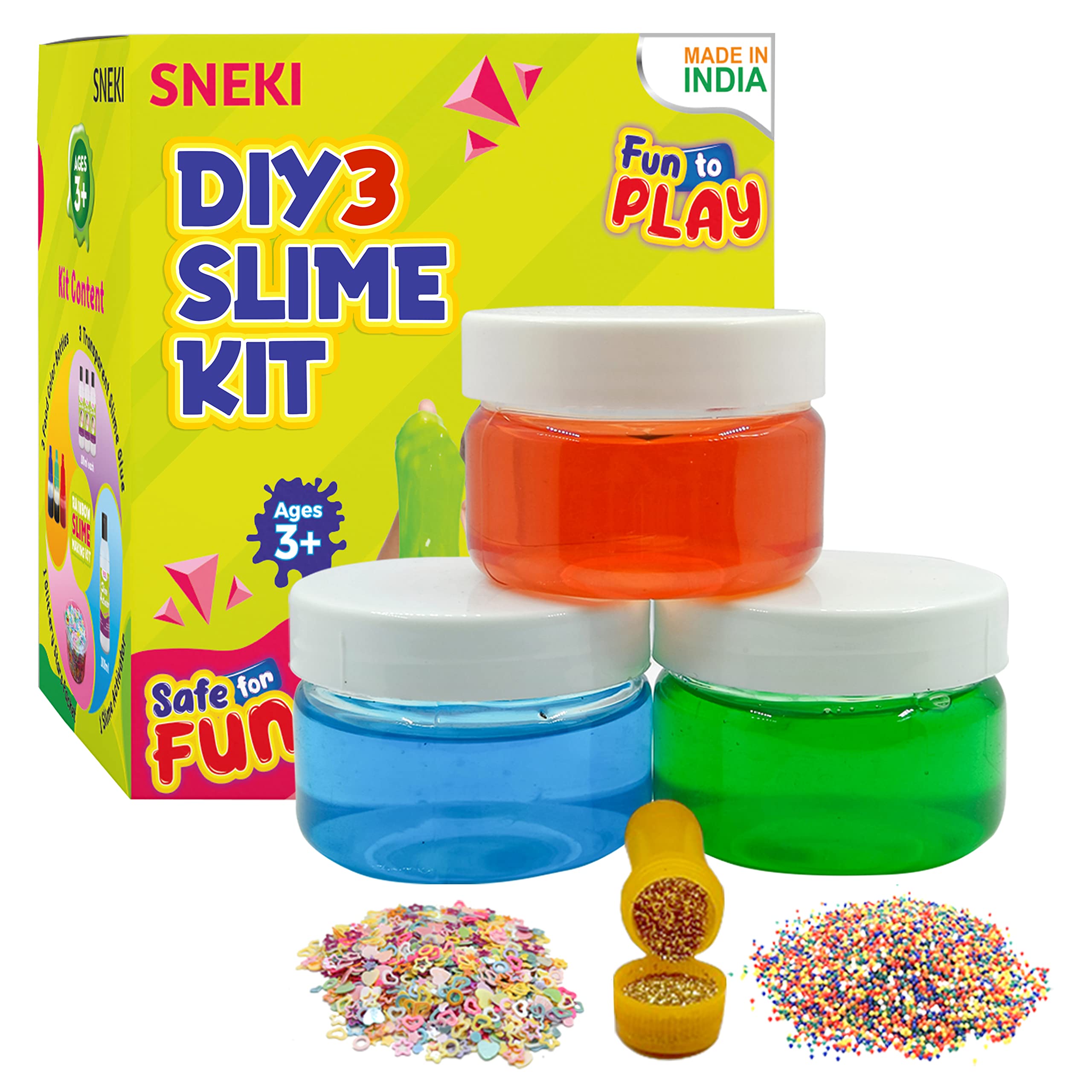 SNEKI (3 Slime Kit) Non Sticky Crystal Clay Kids Slime Gel Jelly Putty Toy for Kids Educational Creative DIY Toys Stress Relief Sludge Toy Kit for Girls Boys with Glitter Charms Stars Beads Ball Set