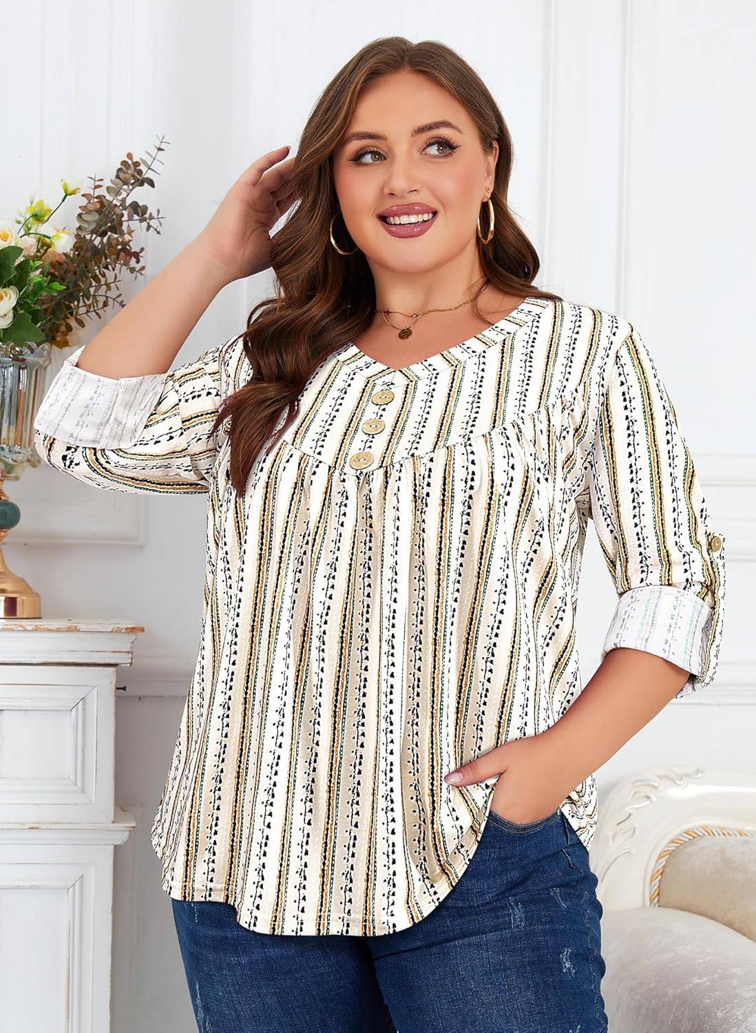 Siddhe Womens Plus Size Tops 3/4 Ruffle Sleeve Loose Fit Blouses Button Square Neck Shirt Casual Pleated Tunic Tops(1X-5X) - Image 6