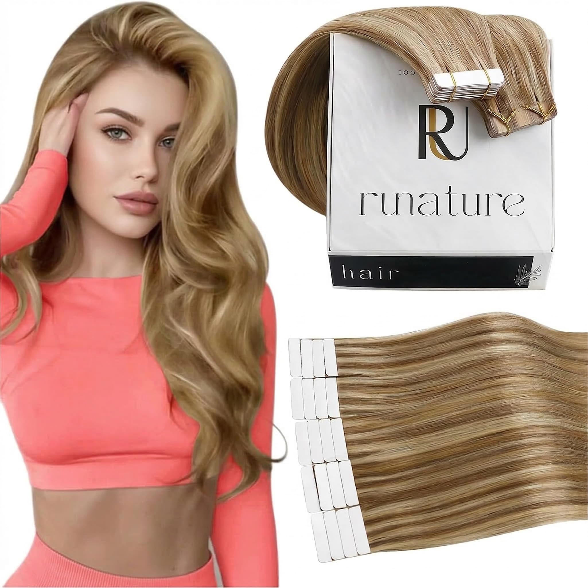 RUNATURE Blonde Tape Hair Extensions Real Human Hair Tape in Hair Extensions Human Hair Invisible Tapes Remy Straight White Blonde Hair 20pcs 50g 18 Inch #800 — view 11