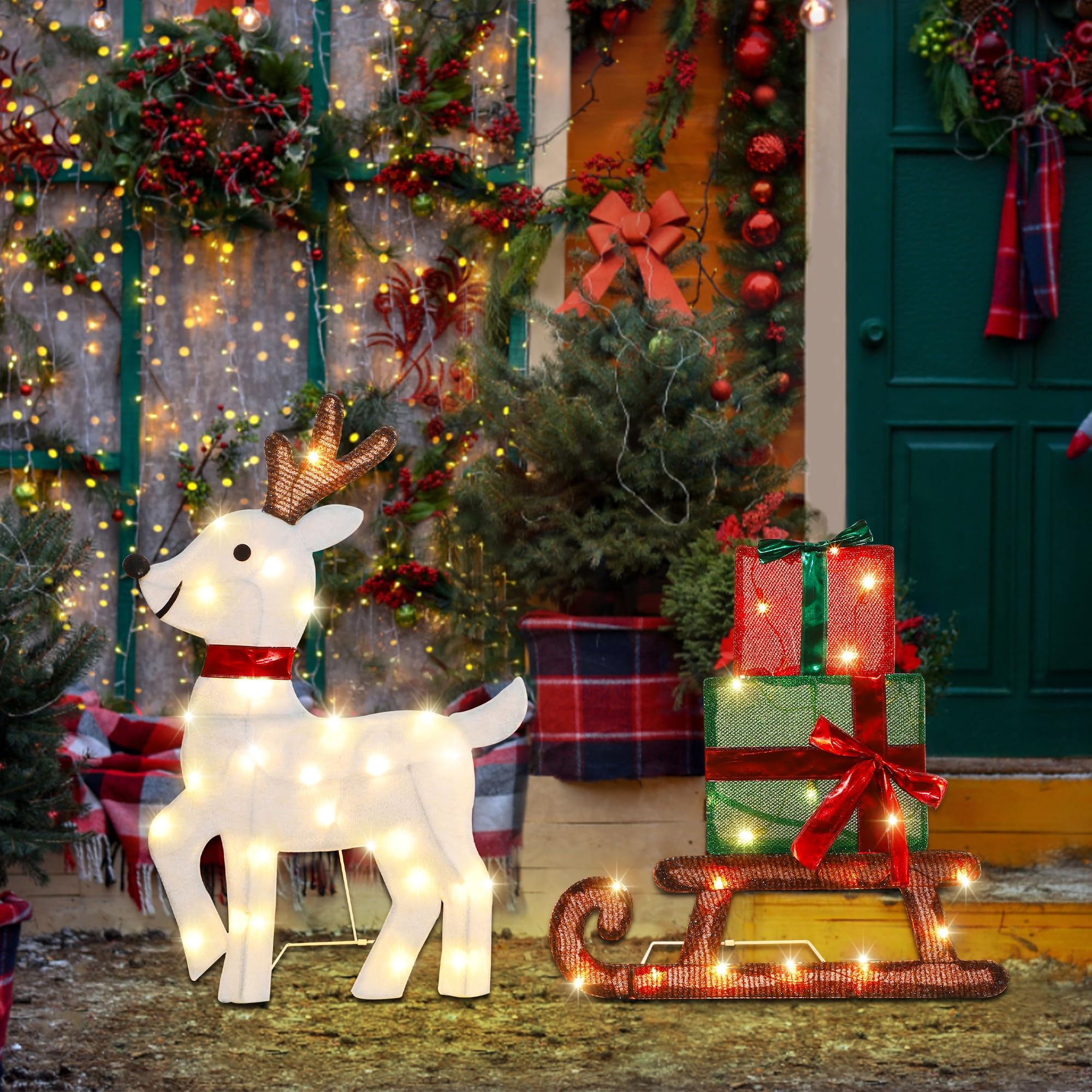 Joliyoou Christmas Yard Decoration, Pre-lit Reindeer & Gift Sled Standing Ornament with 50 Warm White Lights for Xmas Front Door Indoor Outdoor Decor (Reindeer & Sled)
