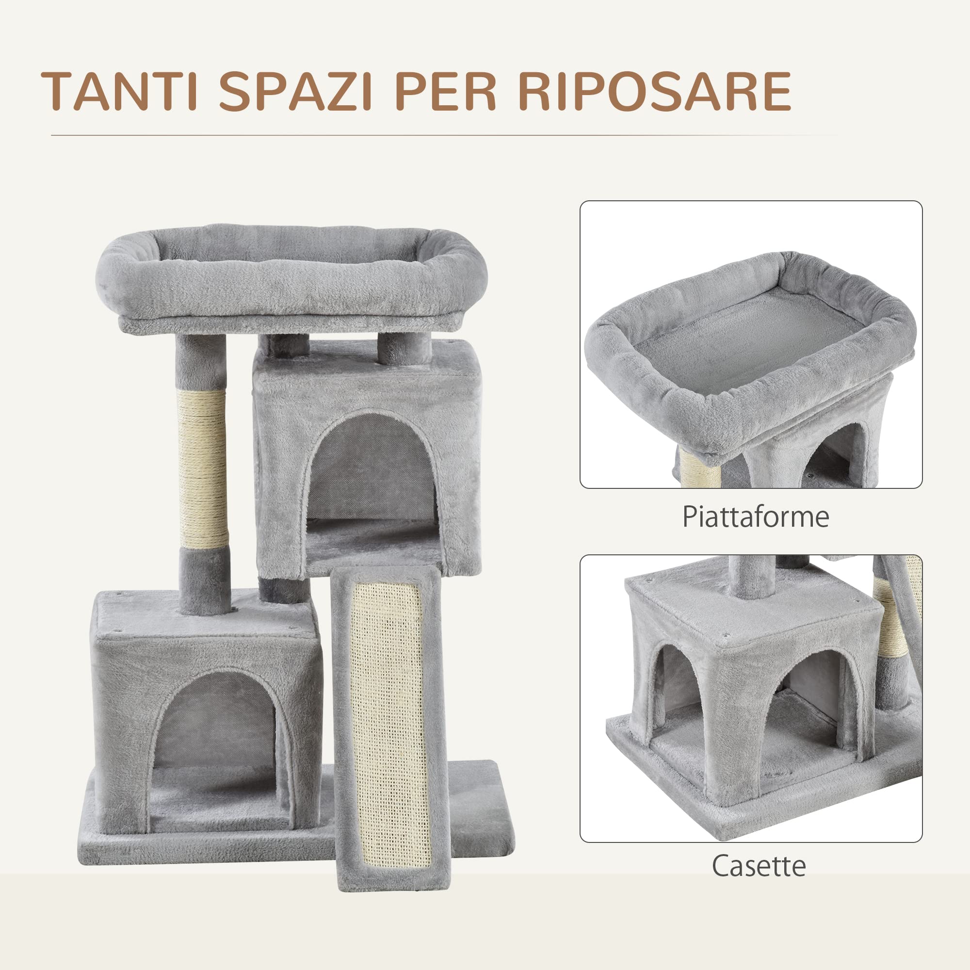 PawHut Albero Tiragraffi per Gatti Adulti e Gattini con Pali in Sisal, Lettino e 2 Casette con Rivestimento in Peluche, 59x39x81cm, Grigio Chiaro