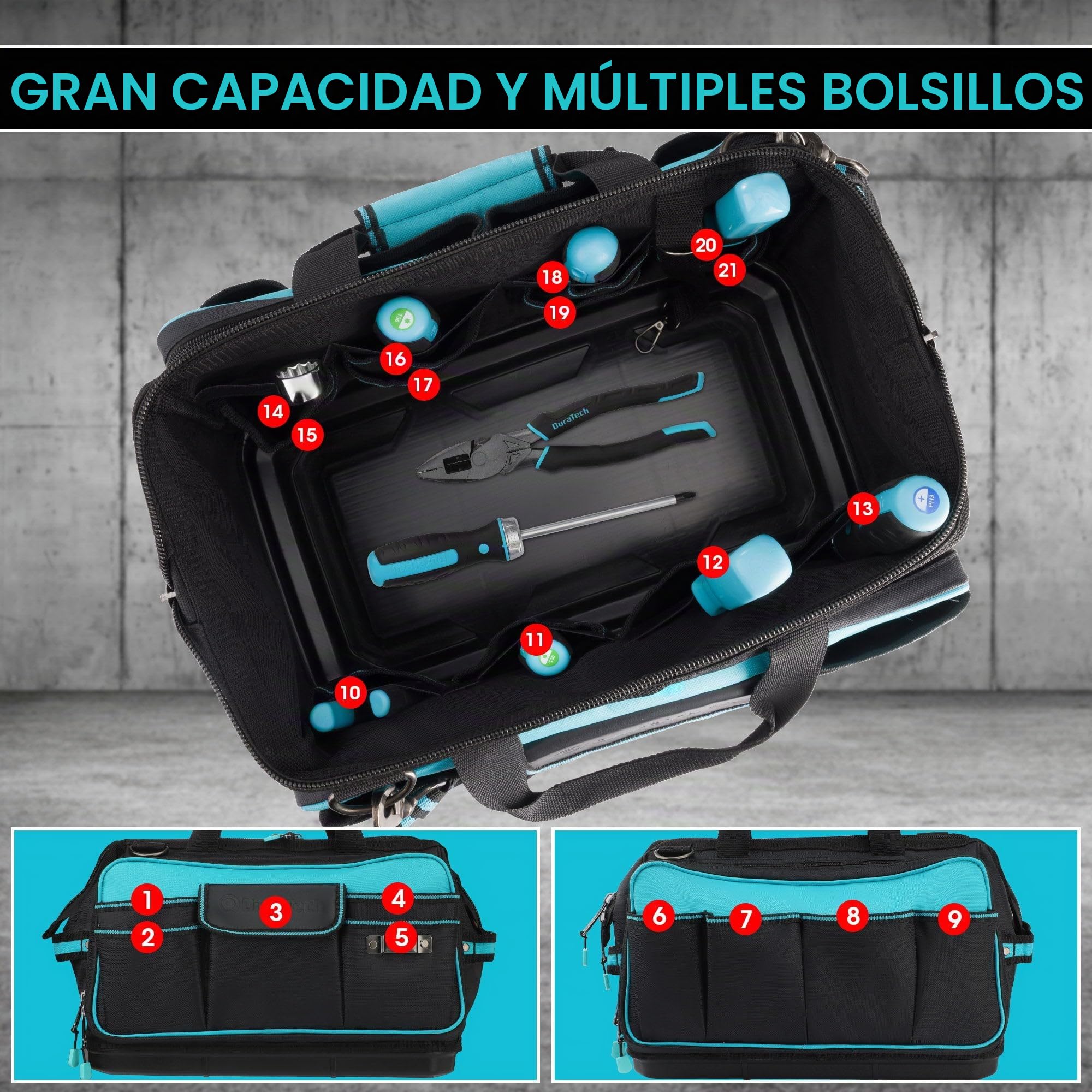 DURATECH Bolsa de Herramientas 43 x 29 x 30 cm, Bolsa de Herramientas con Carga Máxima 30 kg, Respaldo Rígido Resistente al Agua, Correa Ancha Ajustable para el Hombro, Cremallera Flexible