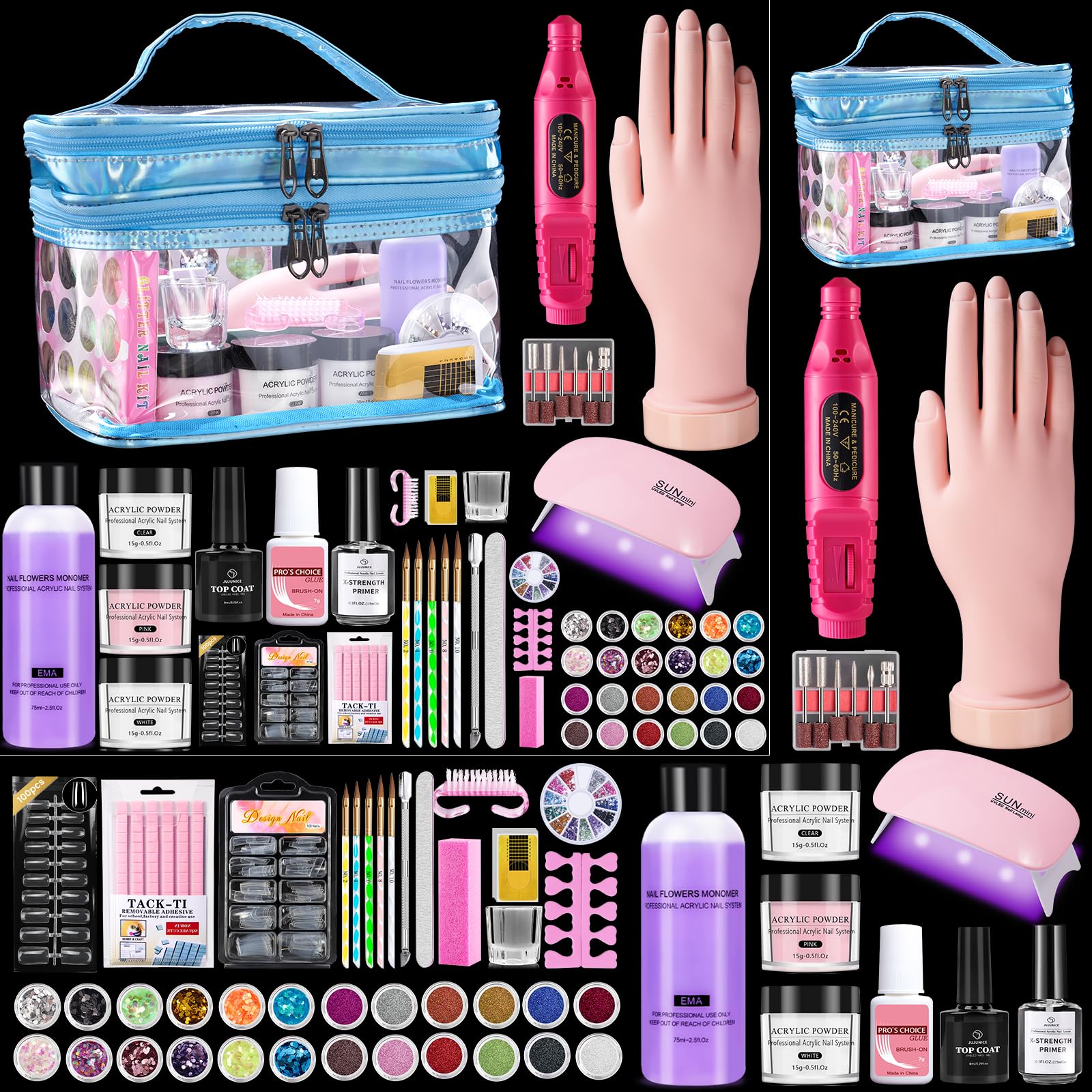 Deciniee Kit per unghie acriliche: set completo di polvere acrilica per esercitarsi a mano con lampada UV e trapano elettrico per unghie, set completo per manicure per principianti, casa, salone