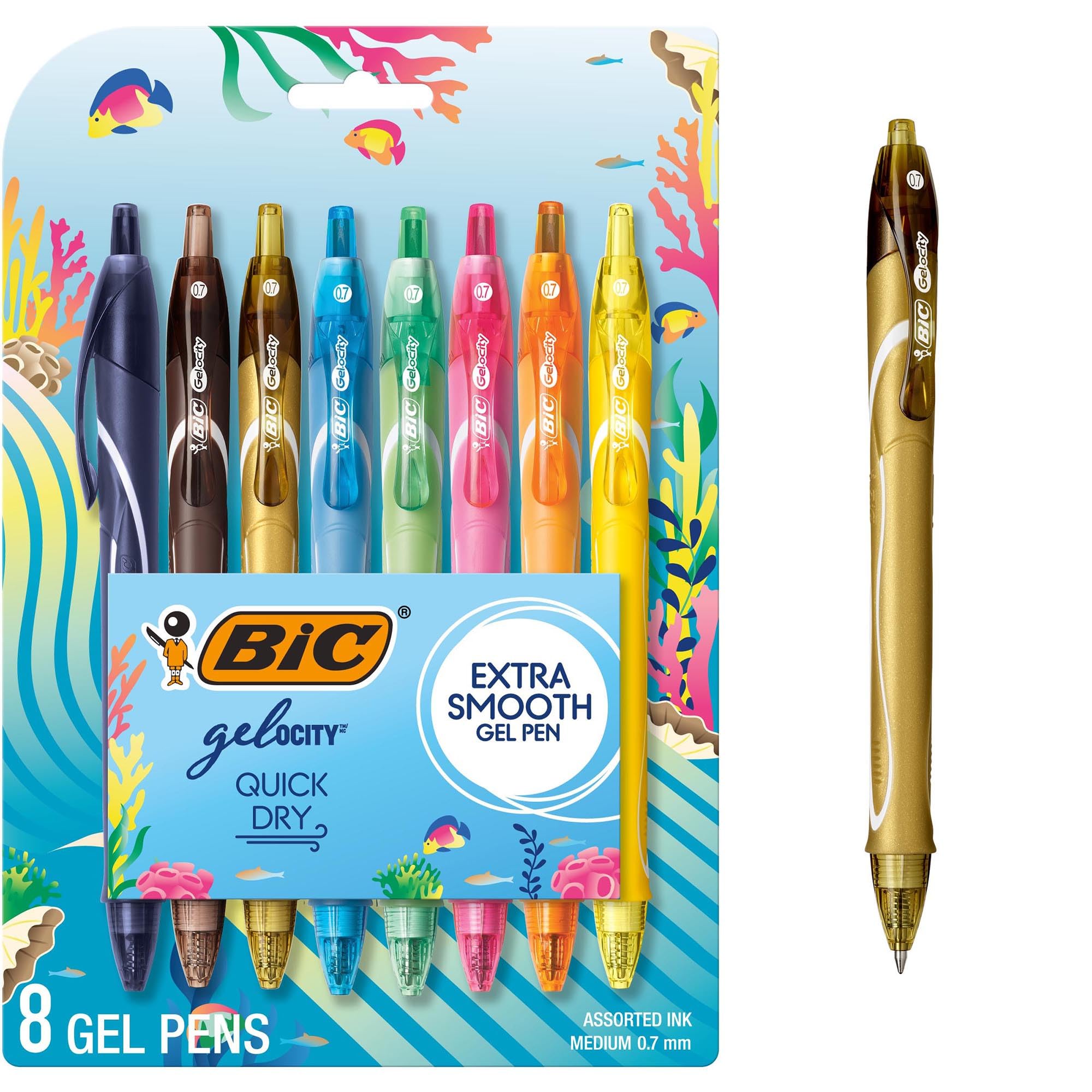 BIC Gelocity Quick Dry Ocean Themed Gel Pens, Medium Point (0.7mm), 8-Count Gel Pen Set (Assorted Colors May Vary), Colored Gel Pens for Note Taking and Journaling