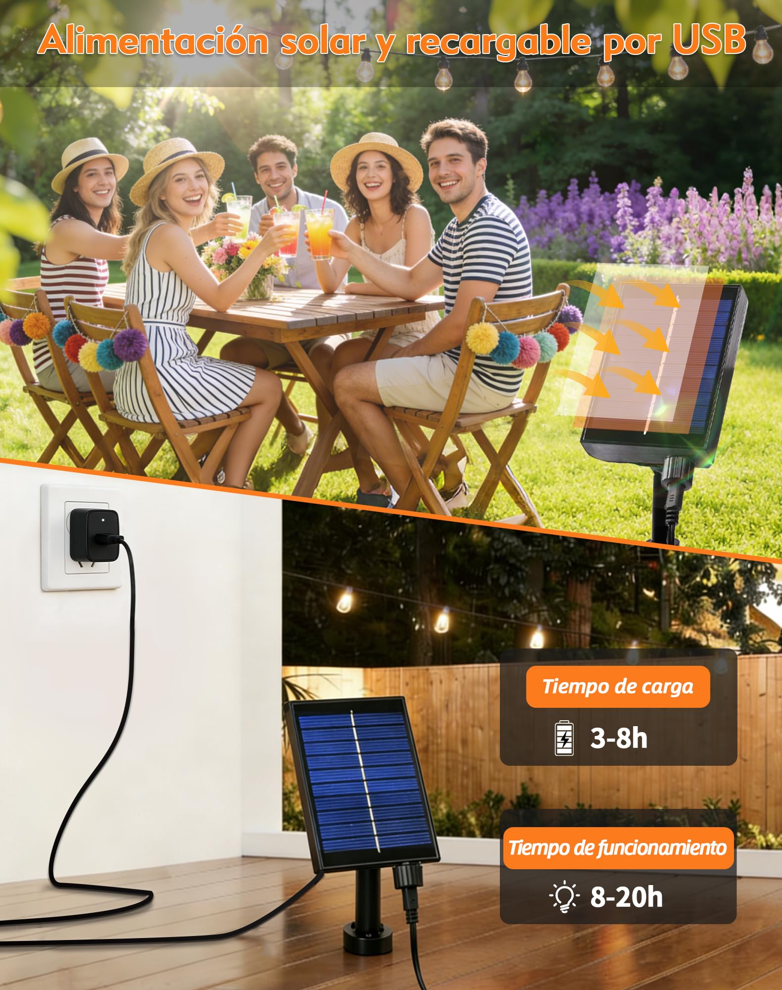 Guirnaldas Luces Exterior Solar, 10M Luces Solares LED Exterior Jardin con 15+1 Bombillas, 8 Modos Impermeable, Lámparas Solares de Jardín con Control Remoto para Patio Cafe Boda Fiesta