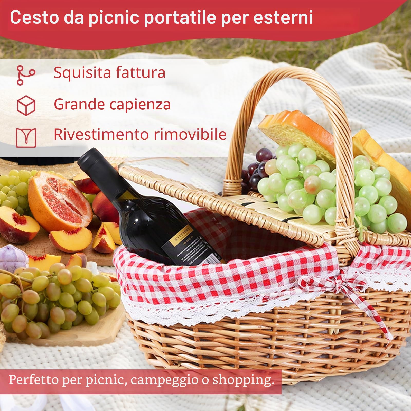 Cestino da Picnic in Vimini con Coperchio e Manico, Cestino in Vimini Intrecciato Pratico Cestino Ovale in Rattan per Picnic e Shopping