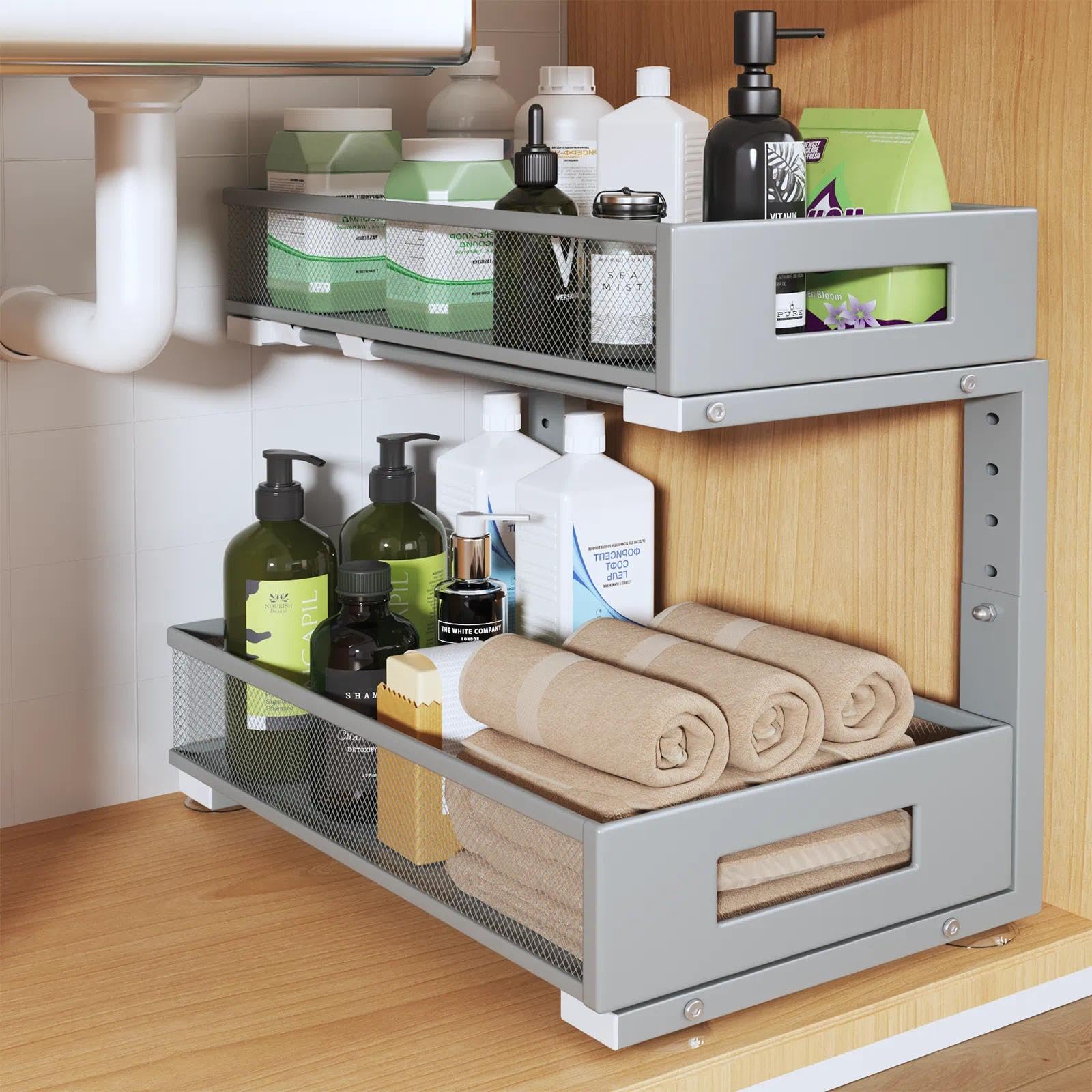 1 Pack 17IN Depth Under Sink Organizer, 2-Tier Pull Out Cabinet Organizer With Smooth Circular Rail, Large Capacity Metal Mesh Sliding Drawers For Bathroom&amp; Kitchen Storage,Height Adjustable-Gun Gray