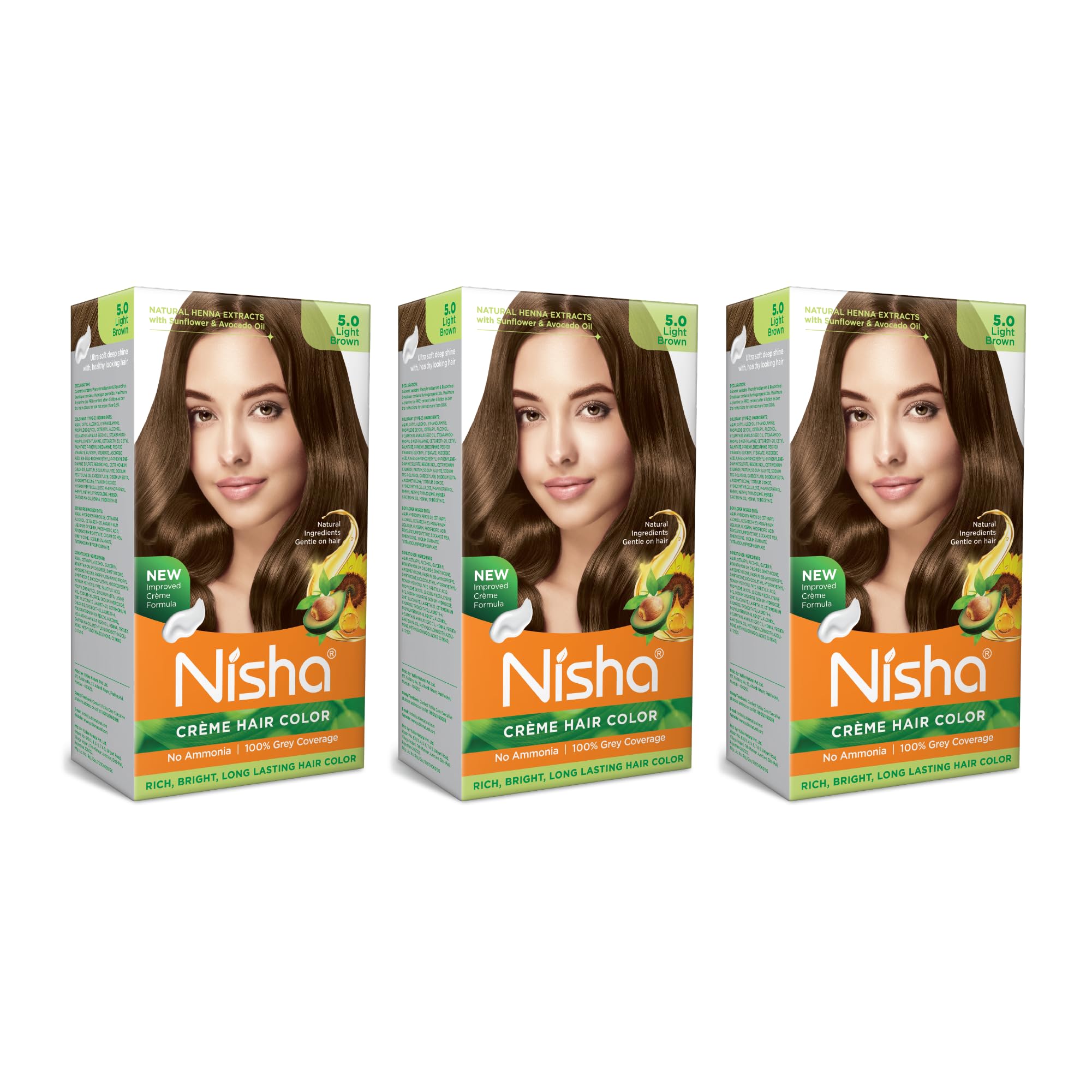 NishaCrème Hair Color with Natural Henna Extracts for Unisex, 60g + 60ml + 18ml - 5.0 Light Brown (Pack of 3)