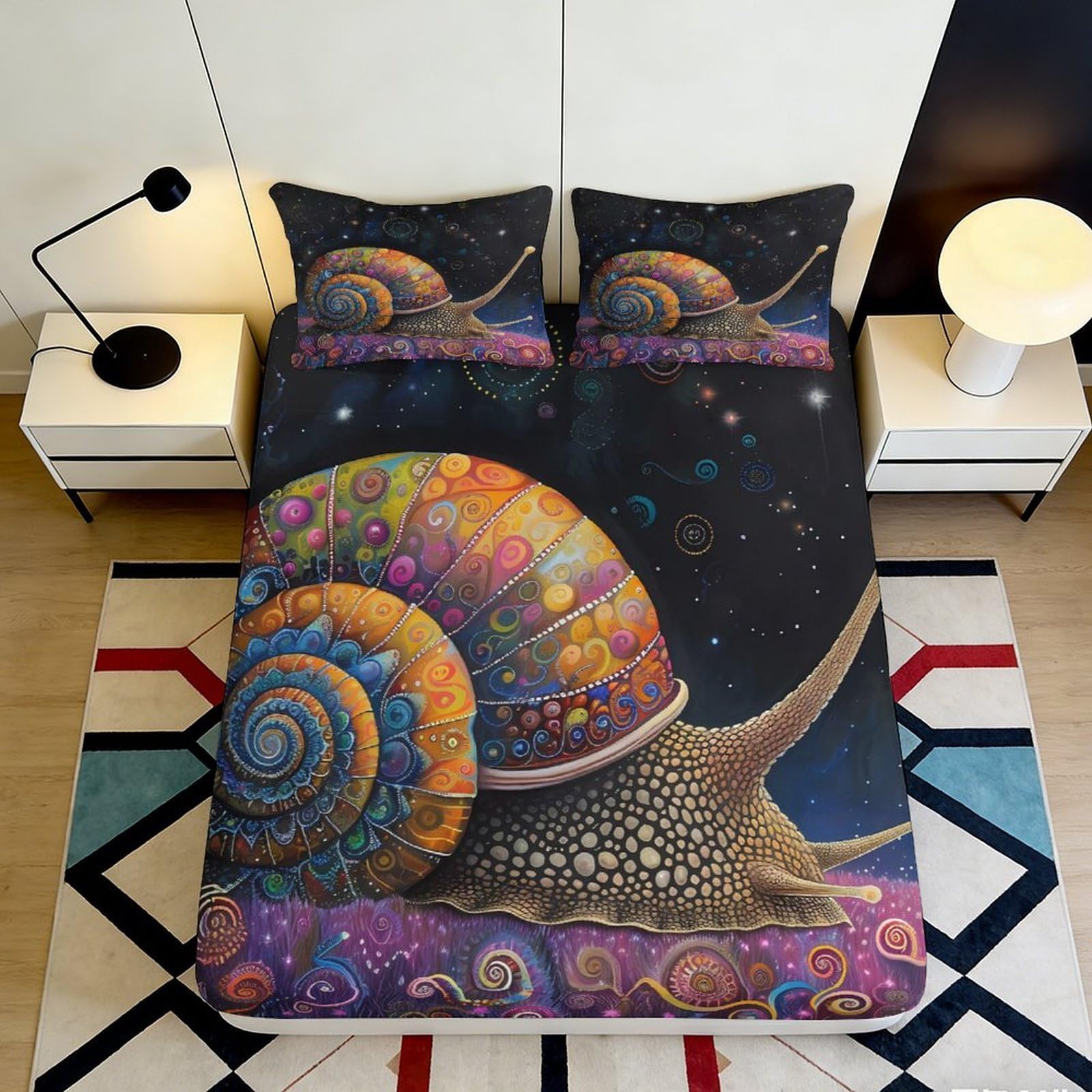 3D Printed Colourful Snail Fitted Sheet Microfiber Deep Pocket Non-Slip for Bedroom Bedding Snail Mattress Fitted Cover Machine Washable 200x200x25cm 90x200x25cm