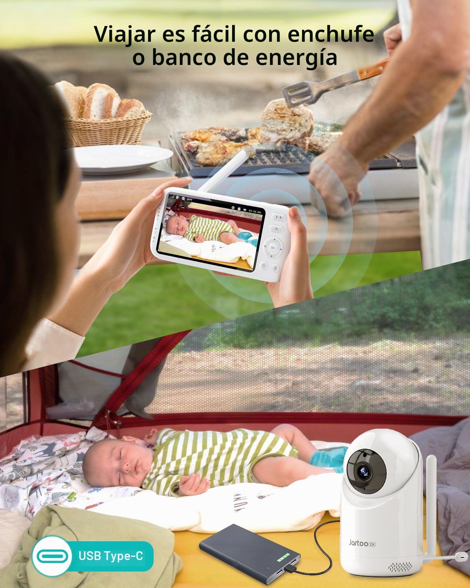 Jartoo Monitor de bebé con video 2K y cámara y audio, monitor de bebé de largo alcance de 567 metros sin WiFi, pantalla FHD de 5.5", cámara para bebé ANC inalámbrica, reloj de alimentación, visión