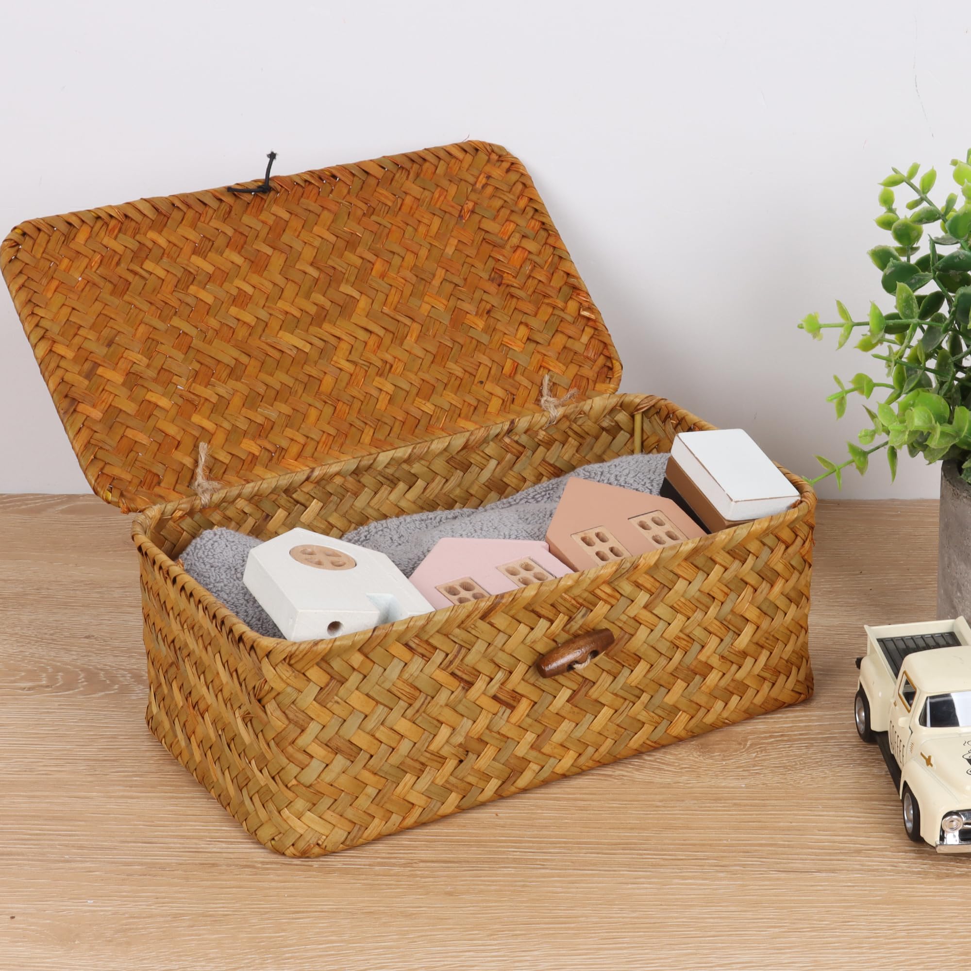 FEIALNDUO Wicker Shelf Baskets with Lid,Seagrass Storage Basket Bins Rectangular Handwoven Basket Boxes for Shelves Desktop Home Organizer (Natural - Image 2