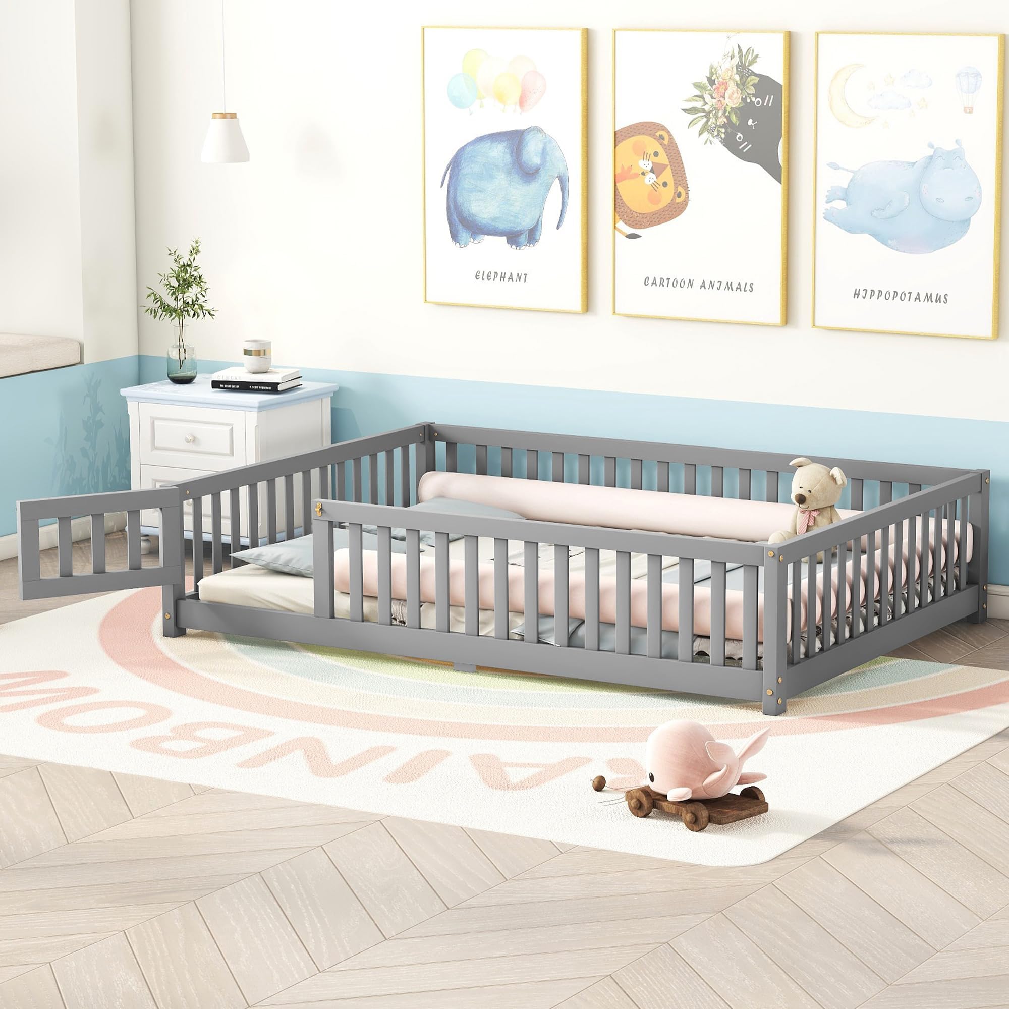 Full Floor Bed with Slats and Safety Guardrails, Kids Montessori Floor Beds with Fence and Door, Easy Assemble Floor Bed for Kids, Girls, Boys, Gray
