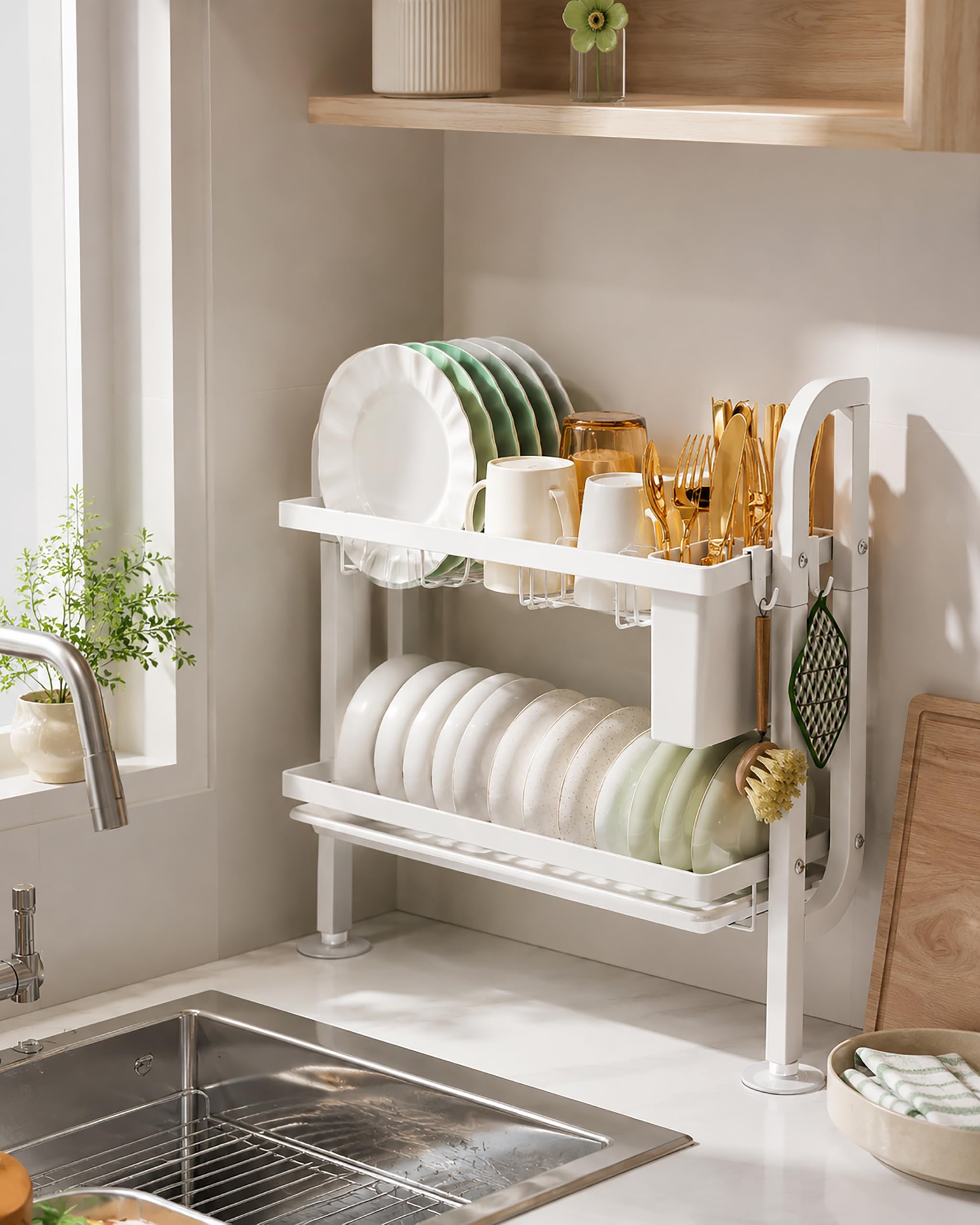 Scolapiatti Salvaspazio a 2 Livelli per Spazi Stretti - Organizer Cucina da Piano in Acciaio al Carbonio - Scaffale con Vassoio Antigoccia e Portautensili, 50x17x46.5 cm