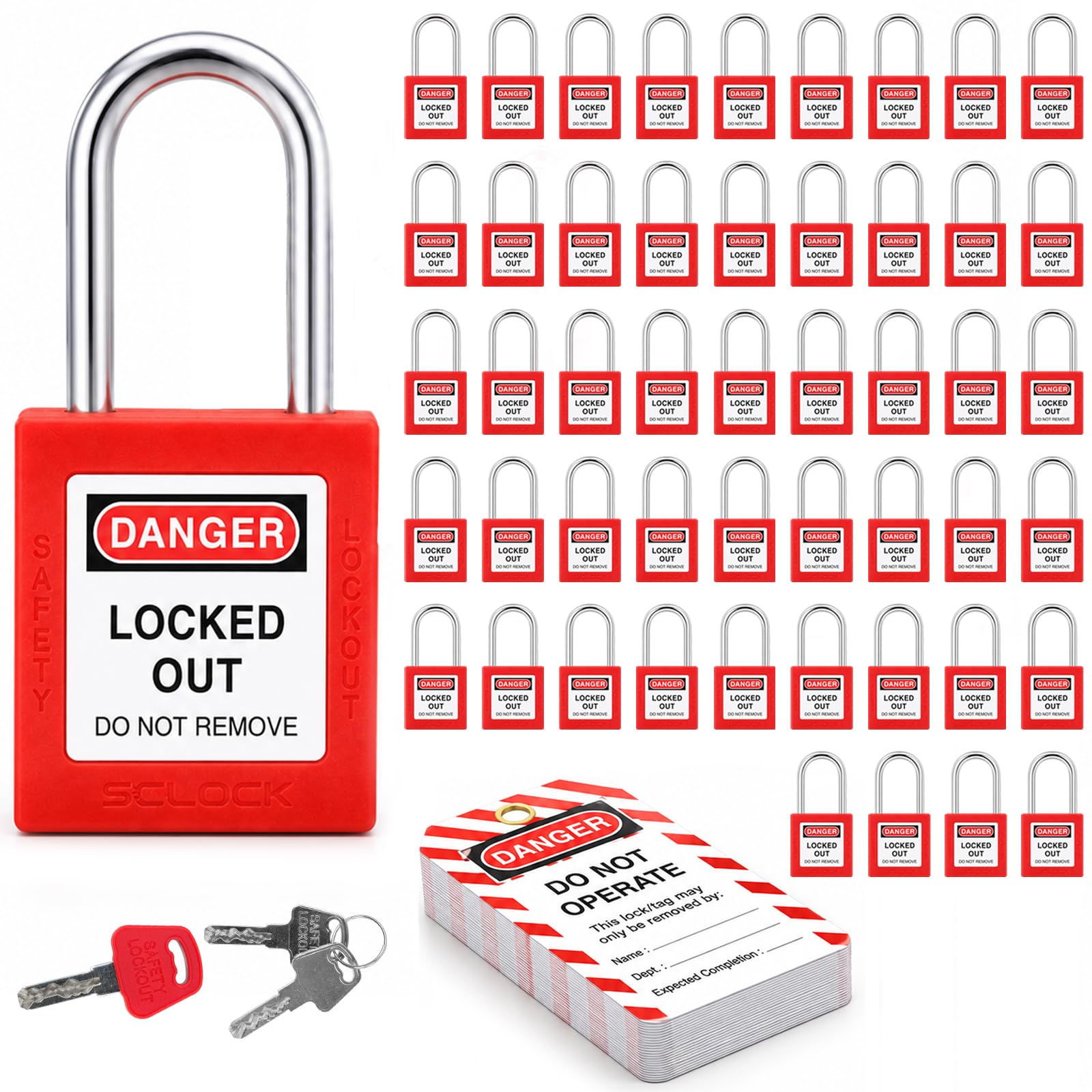 Lot de 50 cadenas de sécurité rouges à clés différentes